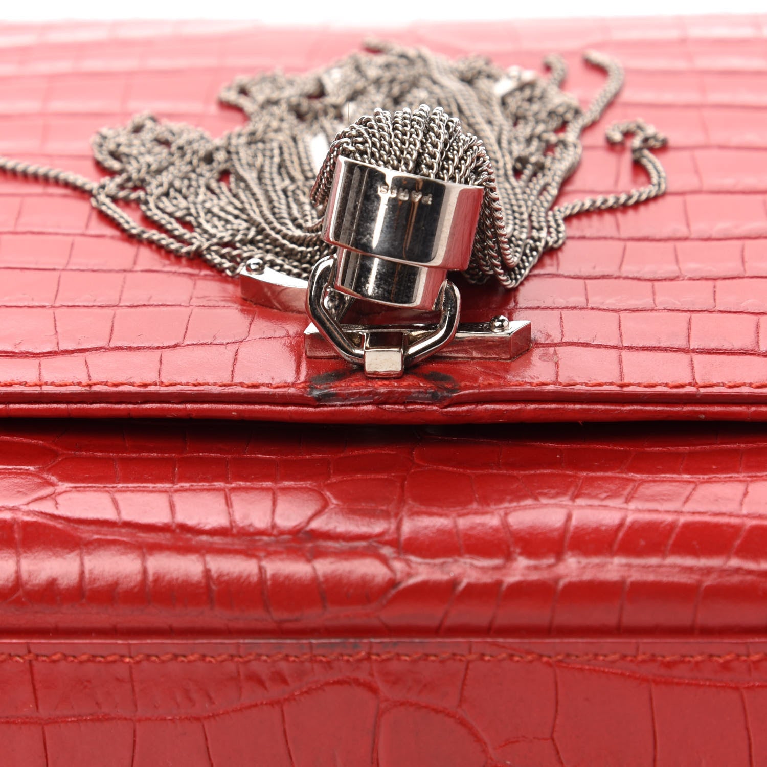 Saint Laurent Calfskin Crocodile Embossed Medium Classic Monogram Kate Tassel Satchel Red 11 of 12
