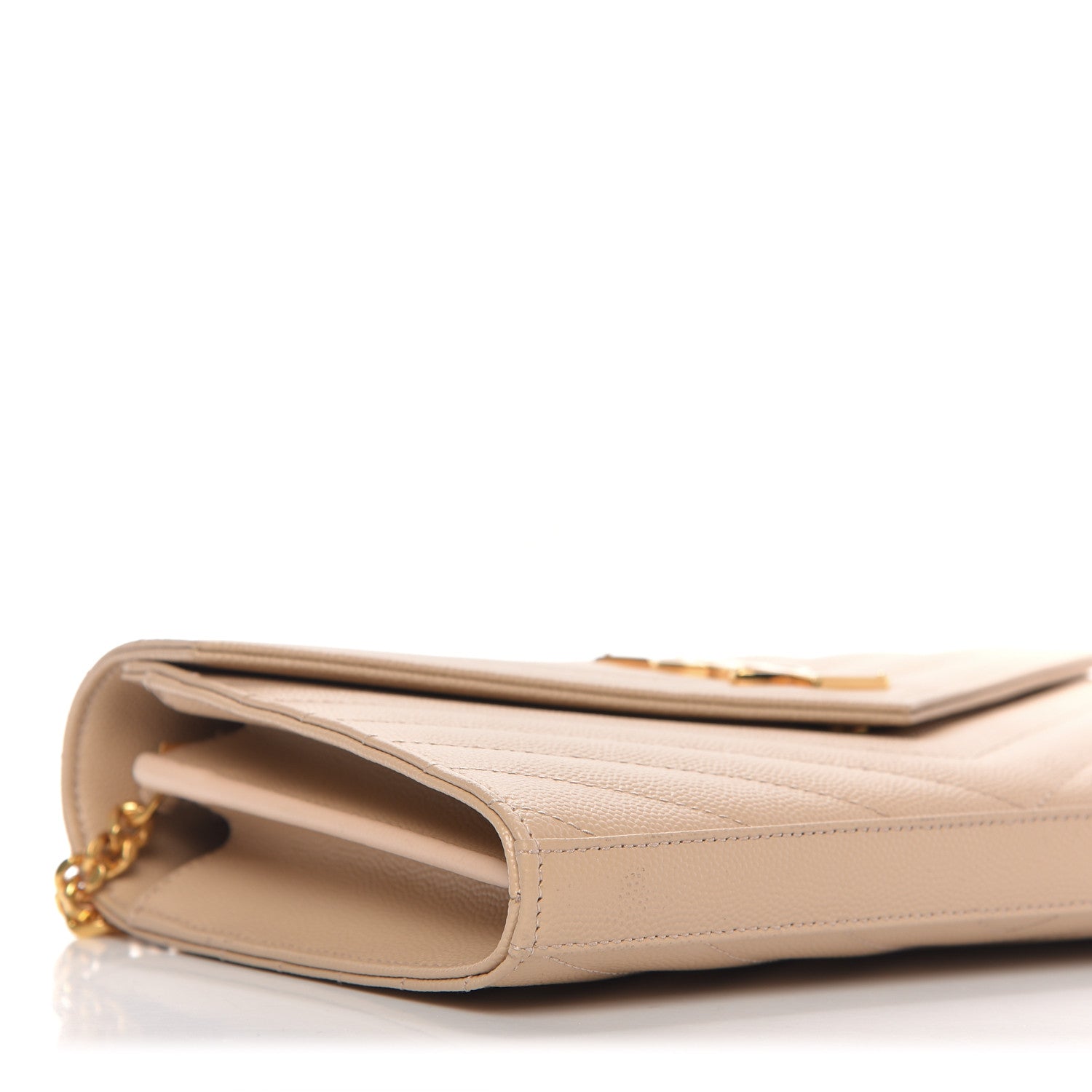 Saint Laurent Grain De Poudre Matelasse Chevron Monogram Chain Wallet Dark Beige 6 of 10