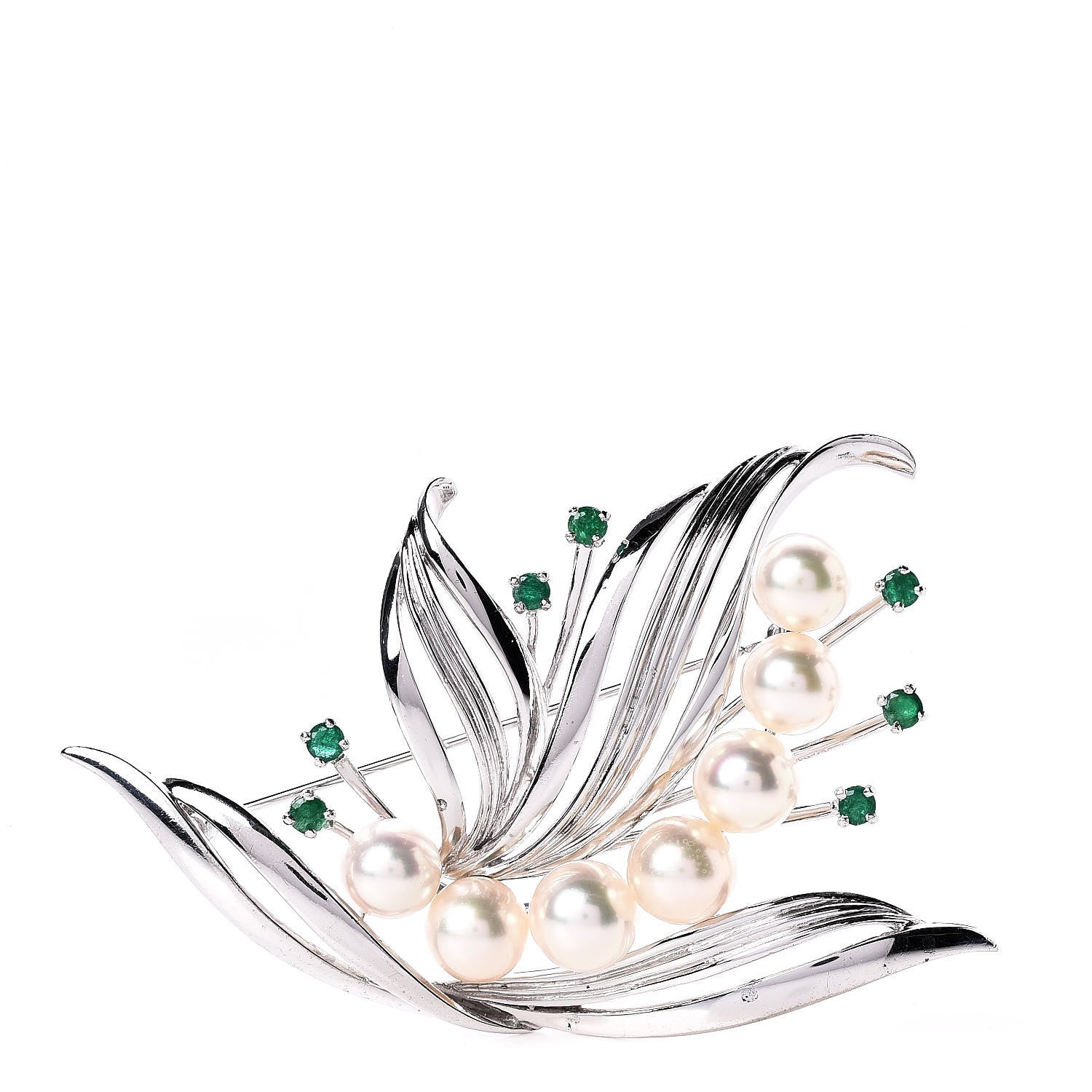 Mikimoto 14K White Gold Emerald Akoya Pearl 6.5-7.5mm Flower Brooch 1 of 4
