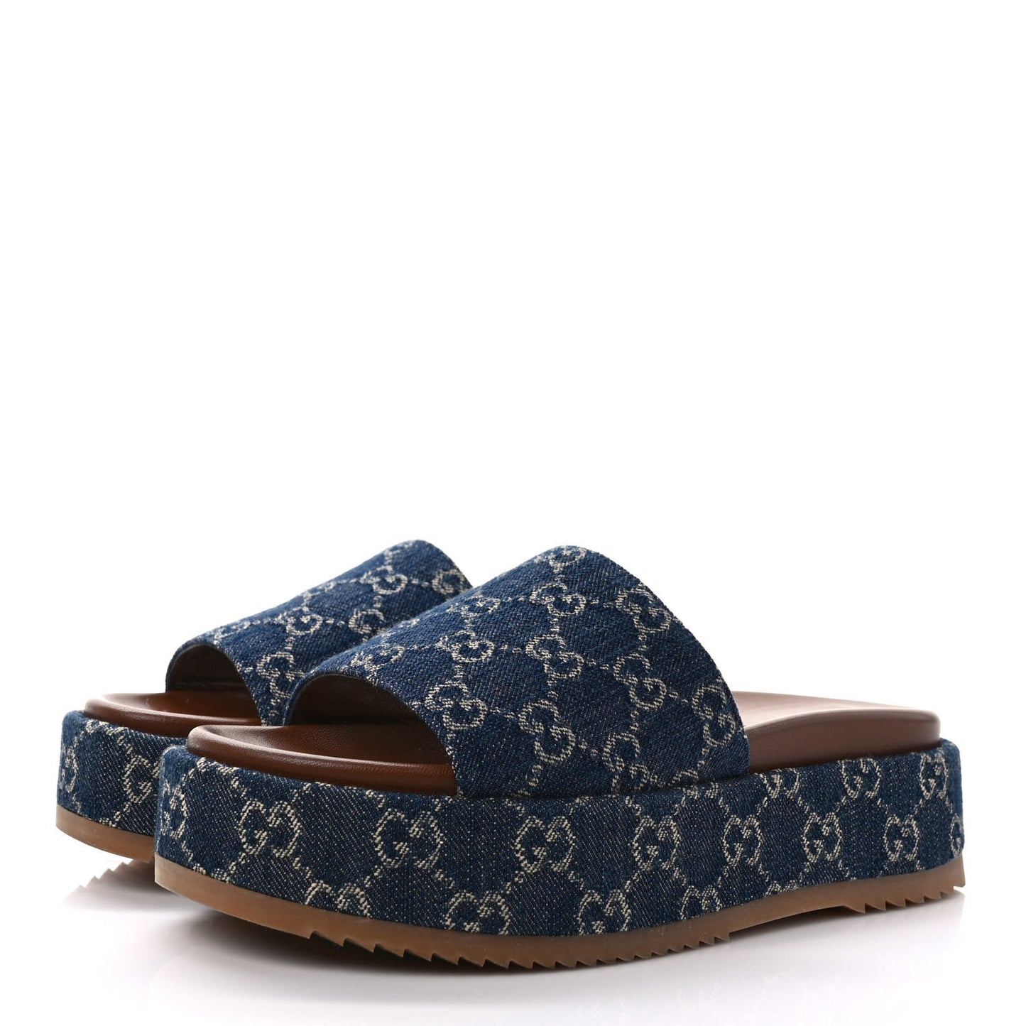New Denim GG Monogram Angelina Platform 55mm Slide Sandals 39.5 Blue Tea