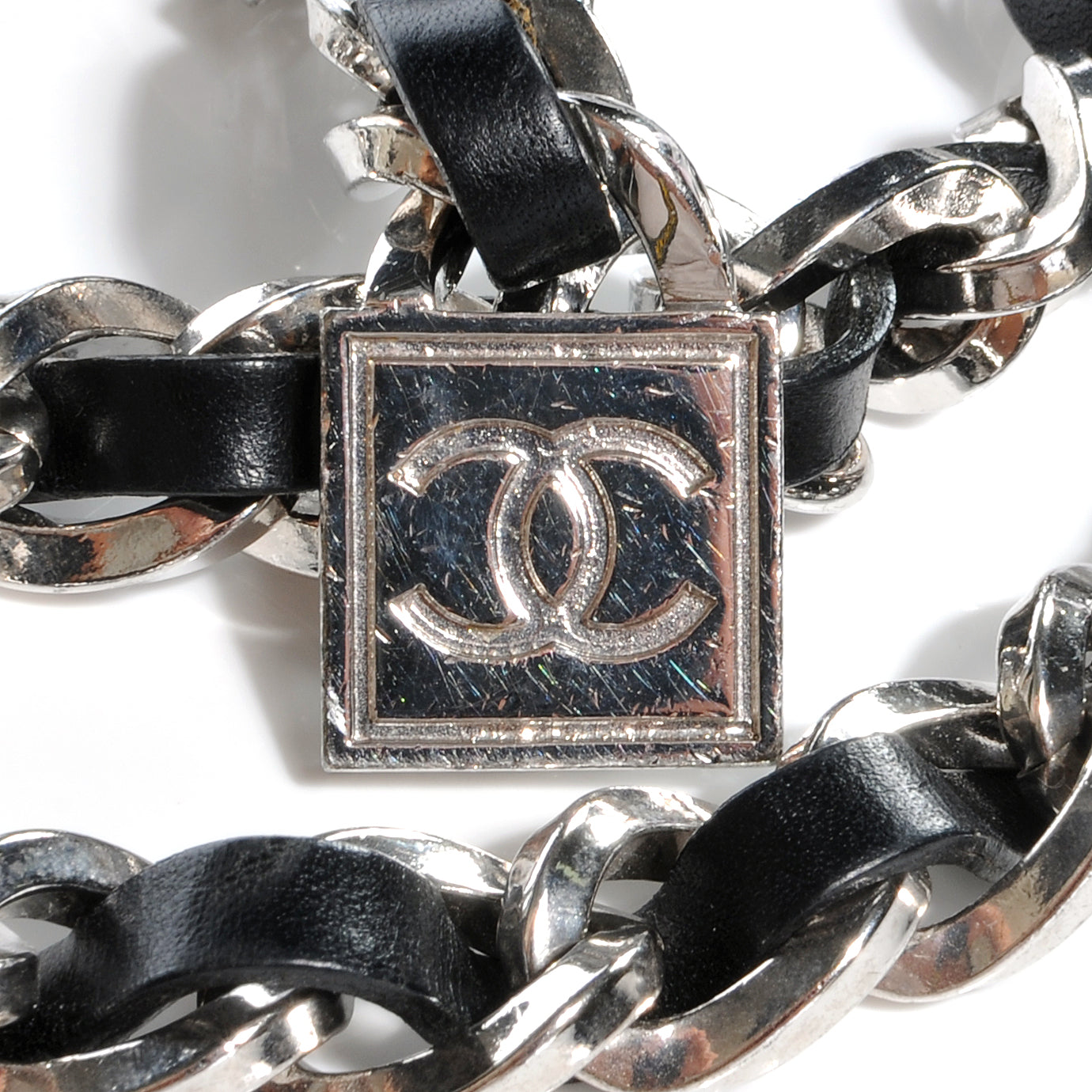 Leather Silver Chain Link Belt Black