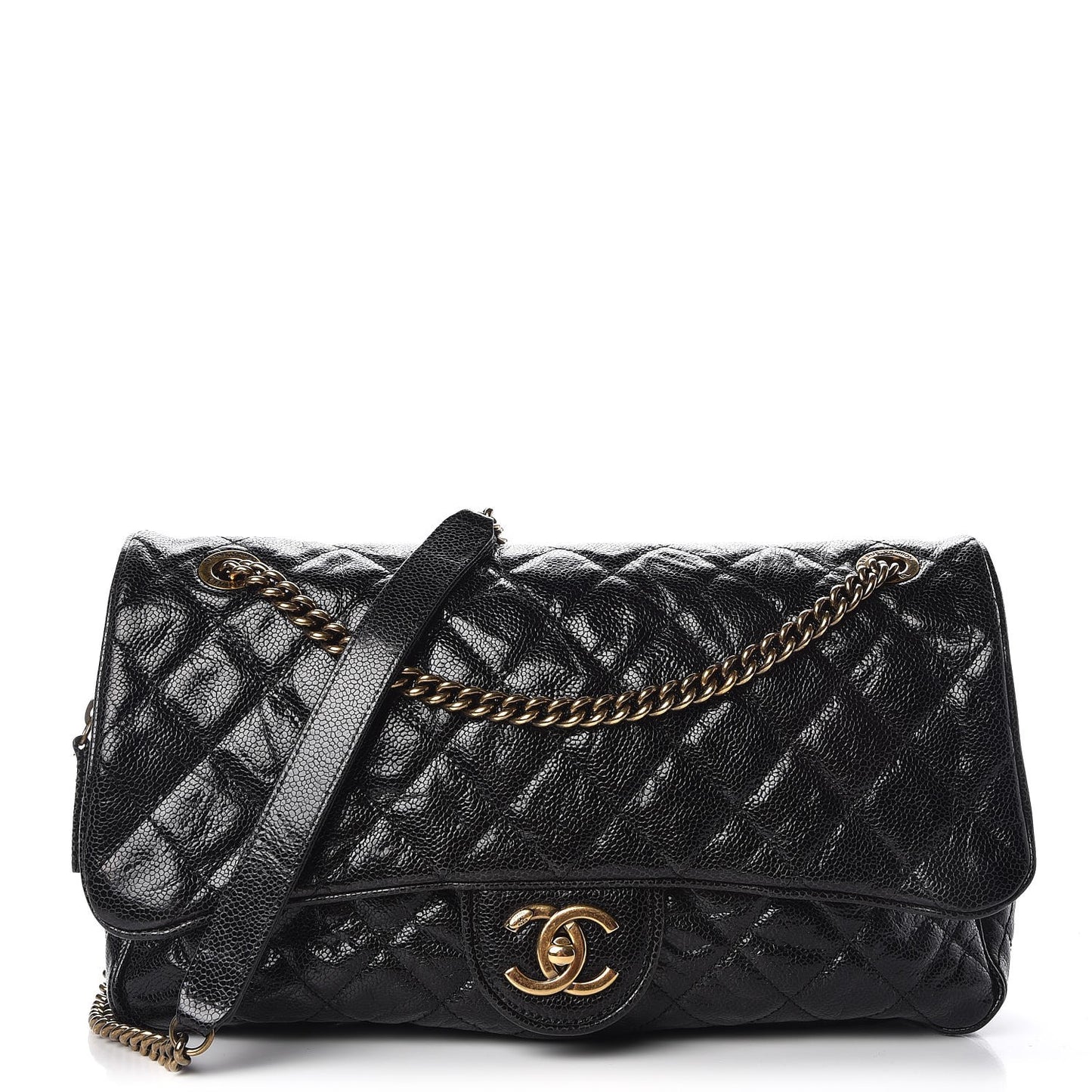 Crumpled Grained Calfskin Quilted Large Shiva Flap Black