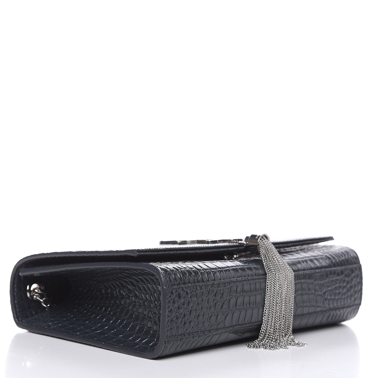 Calfskin Crocodile Embossed Medium Classic Monogram Kate Tassel Satchel Storm