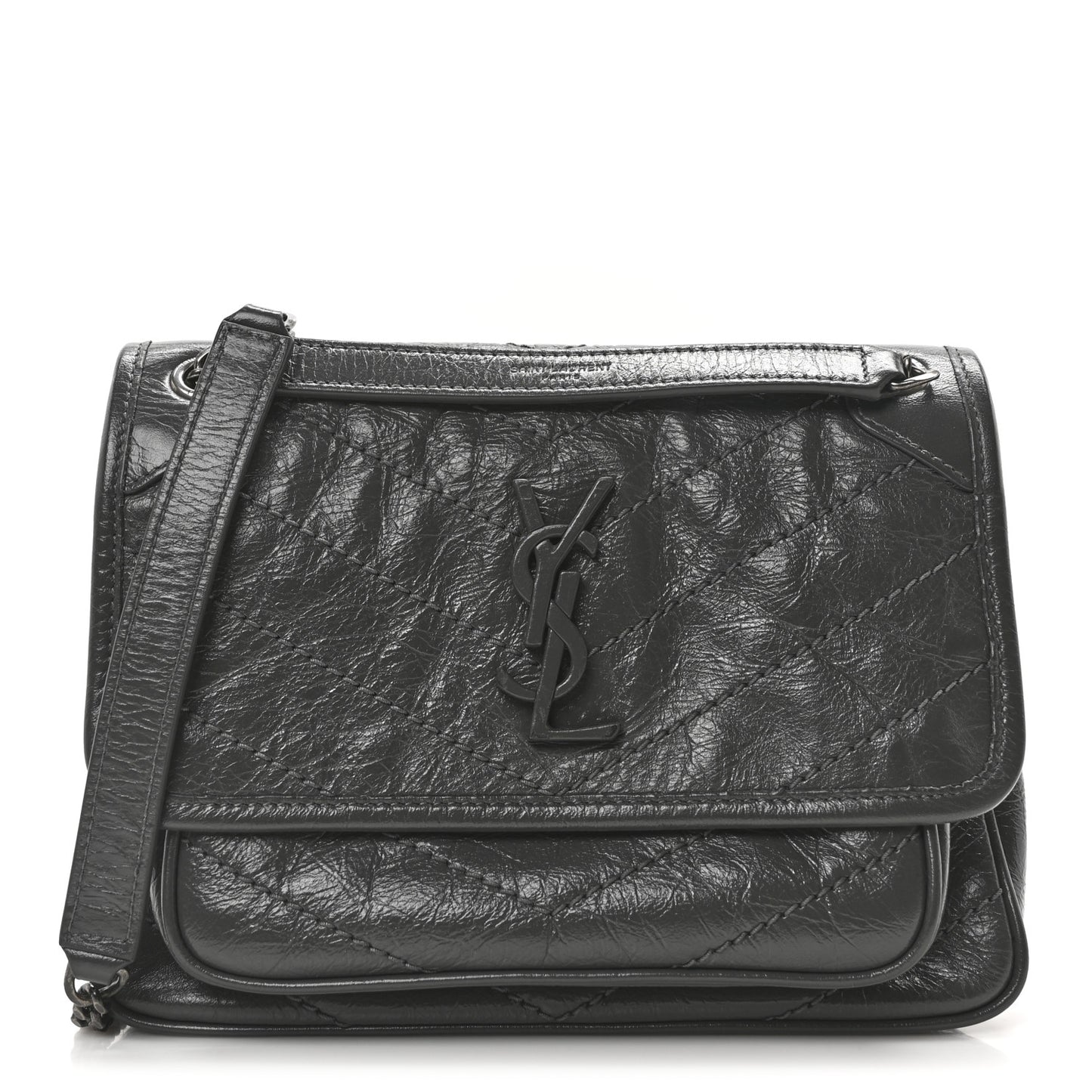 Crinkled Calfskin Matelasse Monogram Baby Niki Chain Satchel Storm