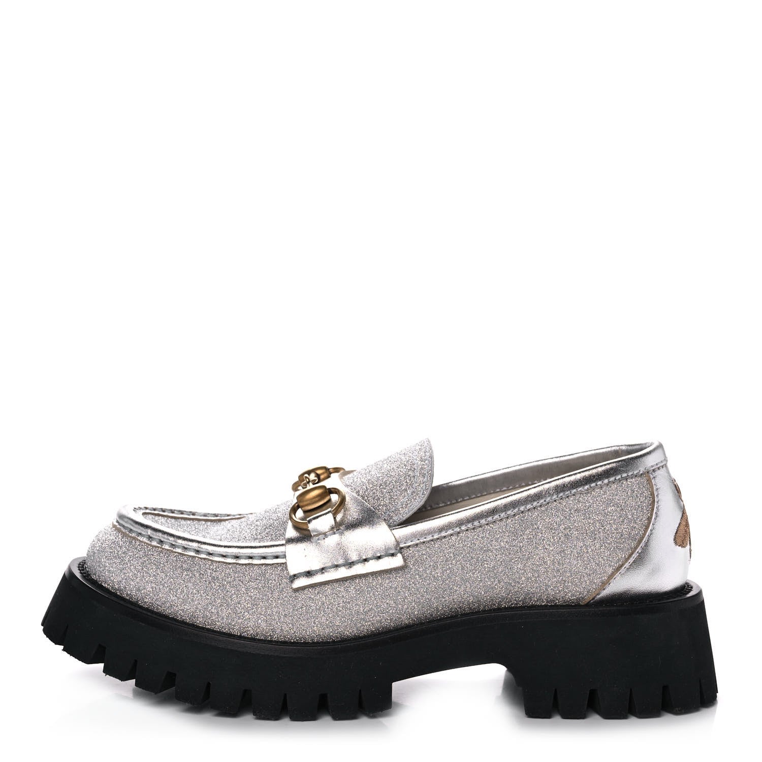 Gucci Mini Diamond Storm Silk Calfskin Womens Harald Horsebit 25mm Platform Loafers 36 Silver 1 of 11