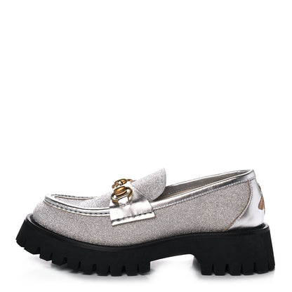 Gucci Mini Diamond Storm Silk Calfskin Womens Harald Horsebit 25mm Platform Loafers 36 Silver 1 of 11