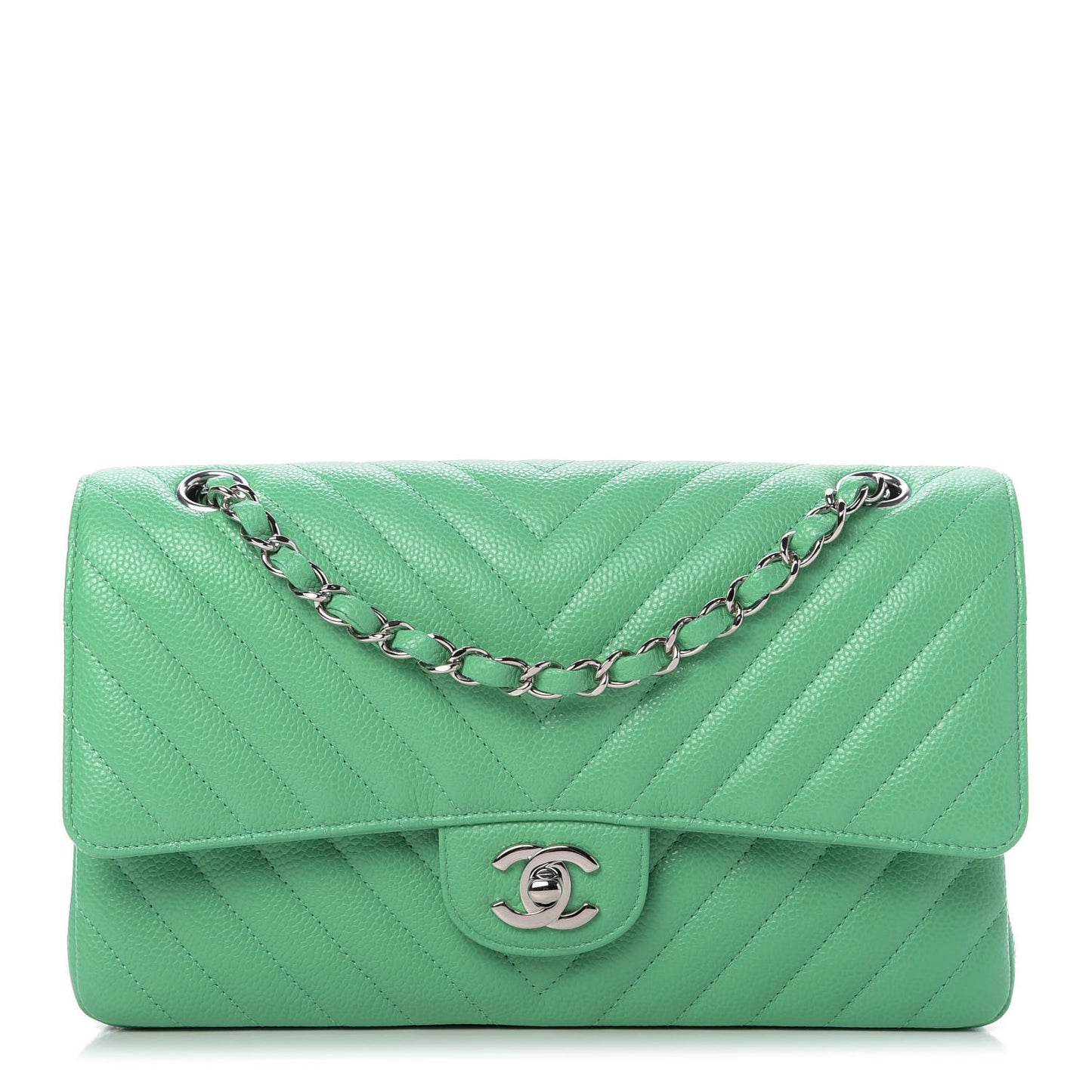Caviar Chevron Quilted Medium Double Flap Green