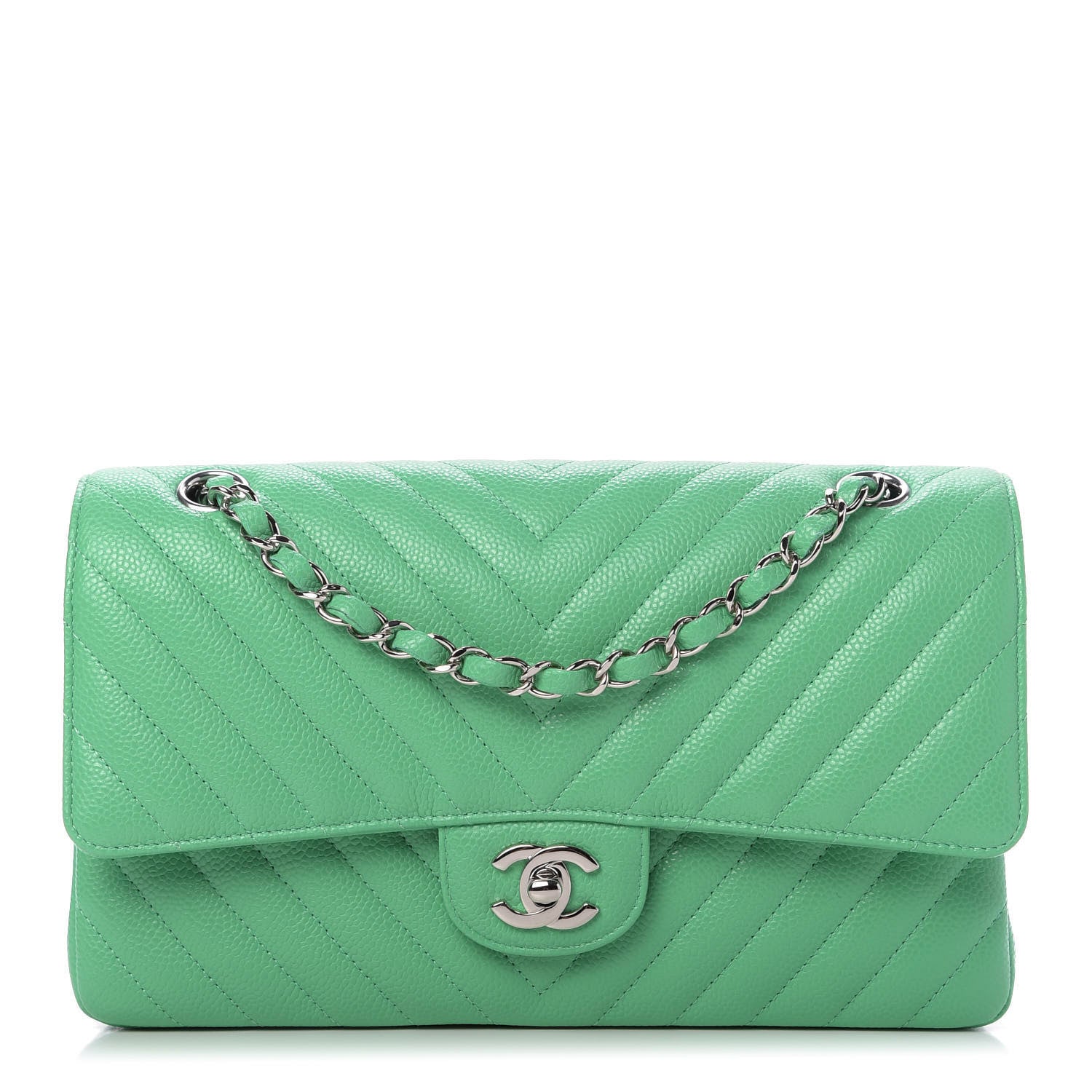 Chanel Caviar Chevron Quilted Medium Double Flap Green 1 of 11