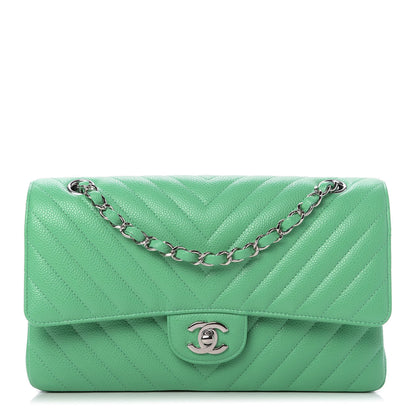 Chanel Caviar Chevron Quilted Medium Double Flap Green 1 of 11