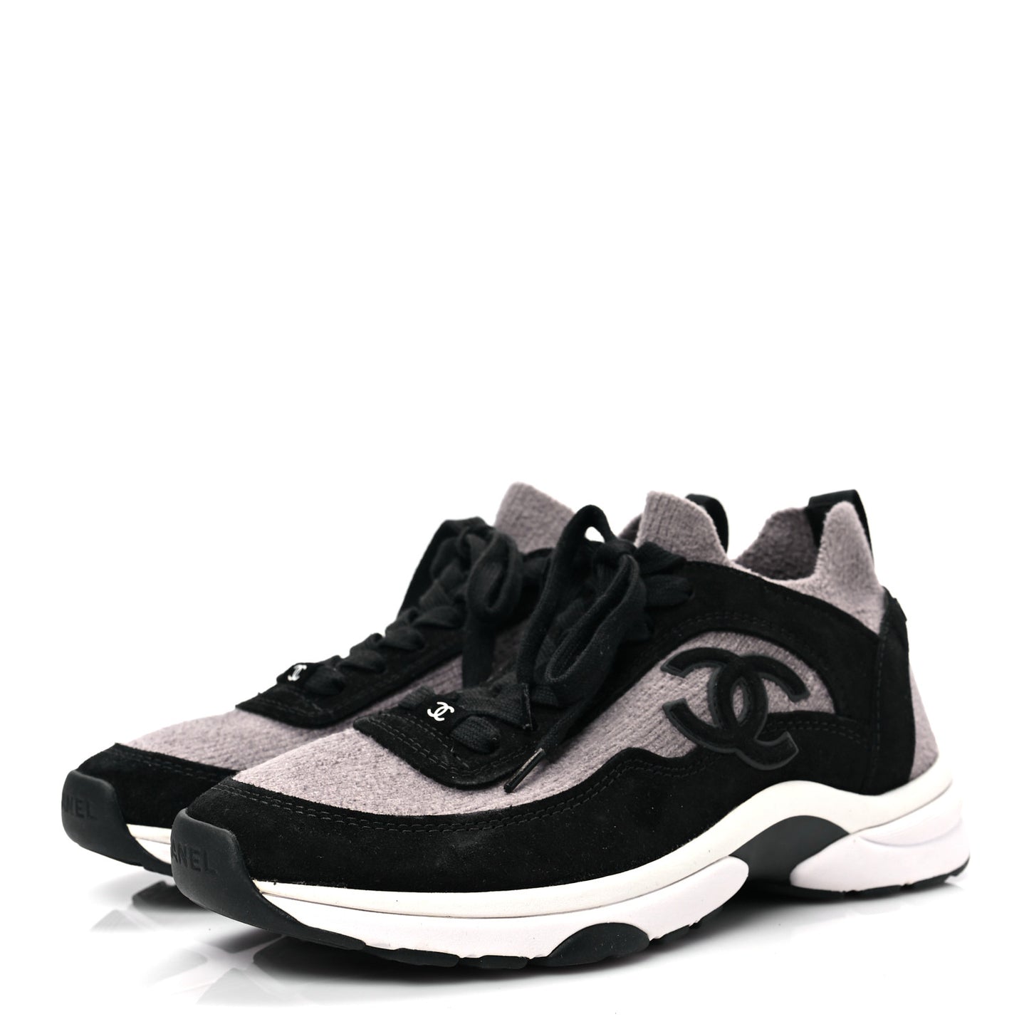 Fabric Suede Calfskin CC Sneakers 36.5 Grey Black