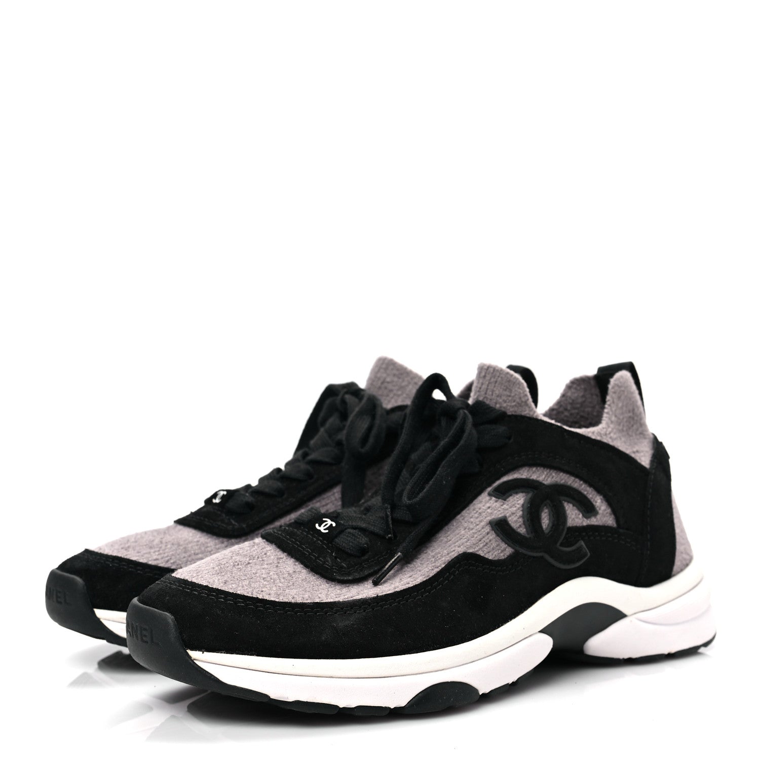 Chanel Fabric Suede Calfskin CC Sneakers 36.5 Grey Black 3 of 8