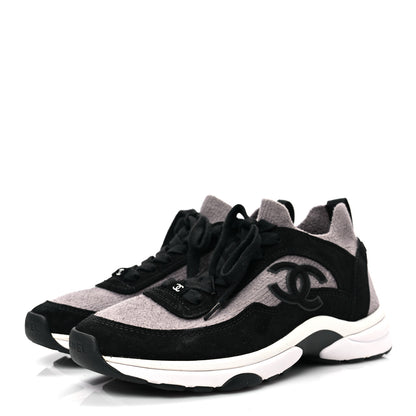 Chanel Fabric Suede Calfskin CC Sneakers 36.5 Grey Black 3 of 8