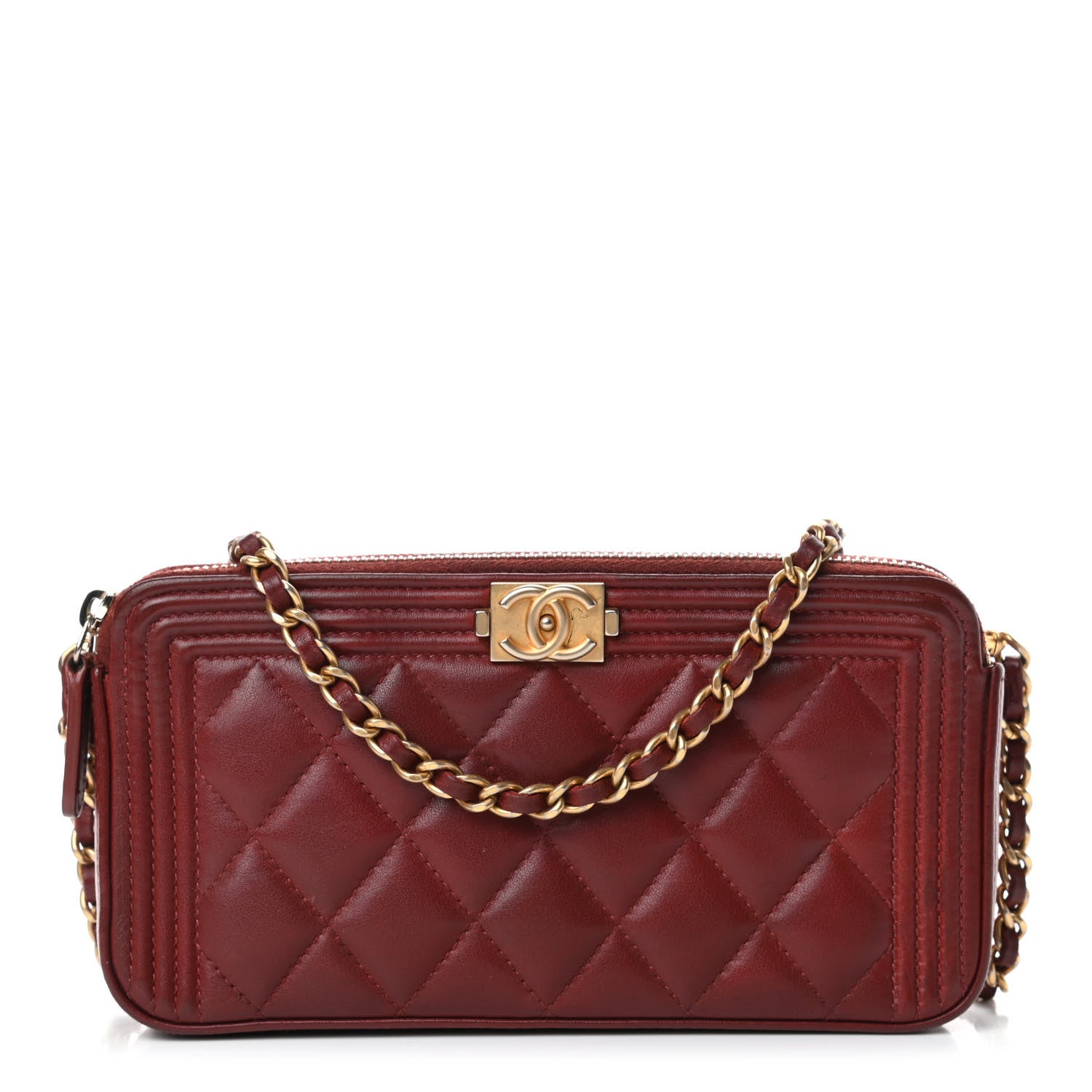 Chanel Lambskin Quilted Small Boy Clutch With Chain Dark Red 1 of 4