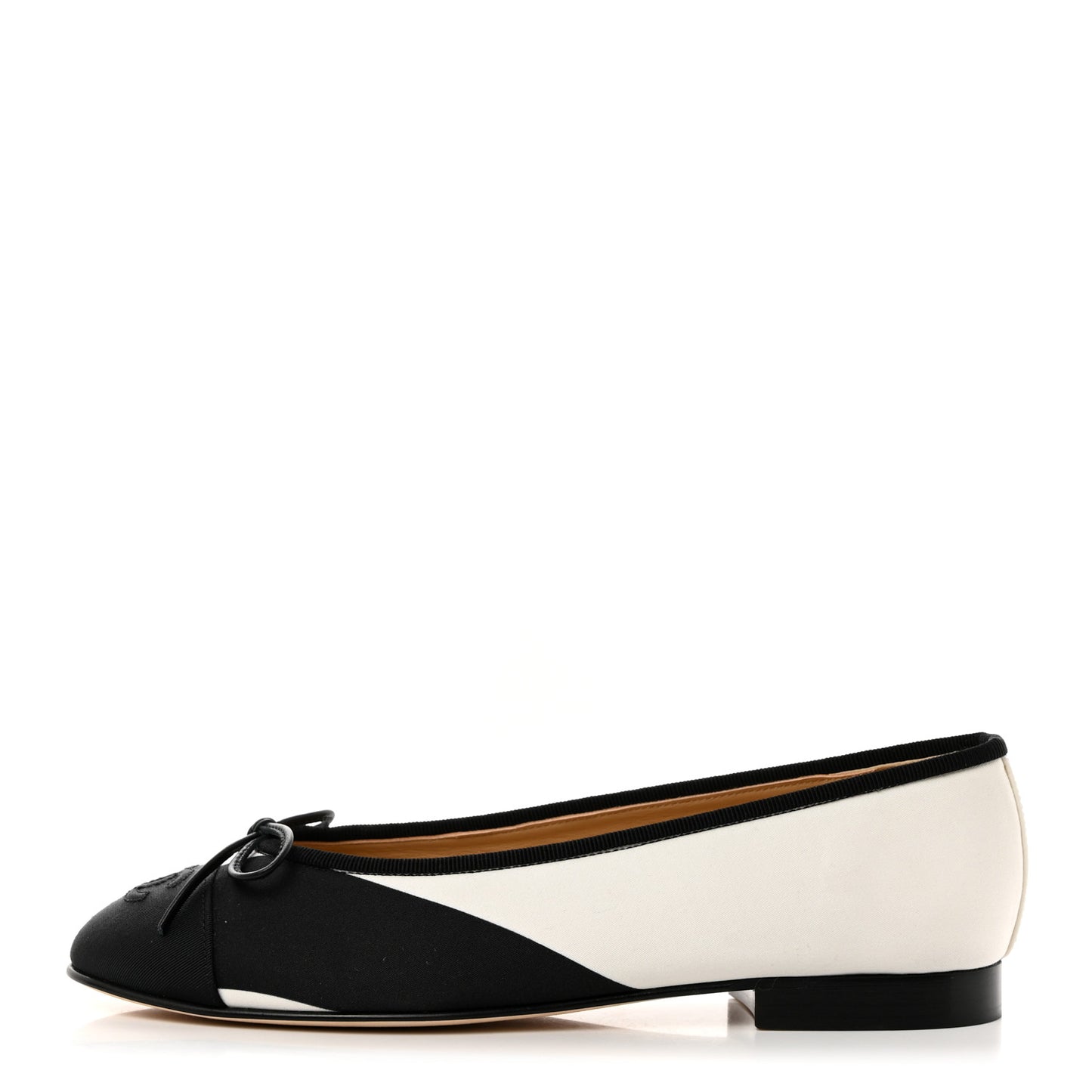 Printed Fabric Grosgrain Cap Toe CC Ballerina Flats 37.5 Black White