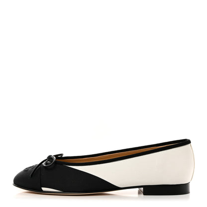 Chanel Printed Fabric Grosgrain Cap Toe CC Ballerina Flats 37.5 Black White 1 of 9