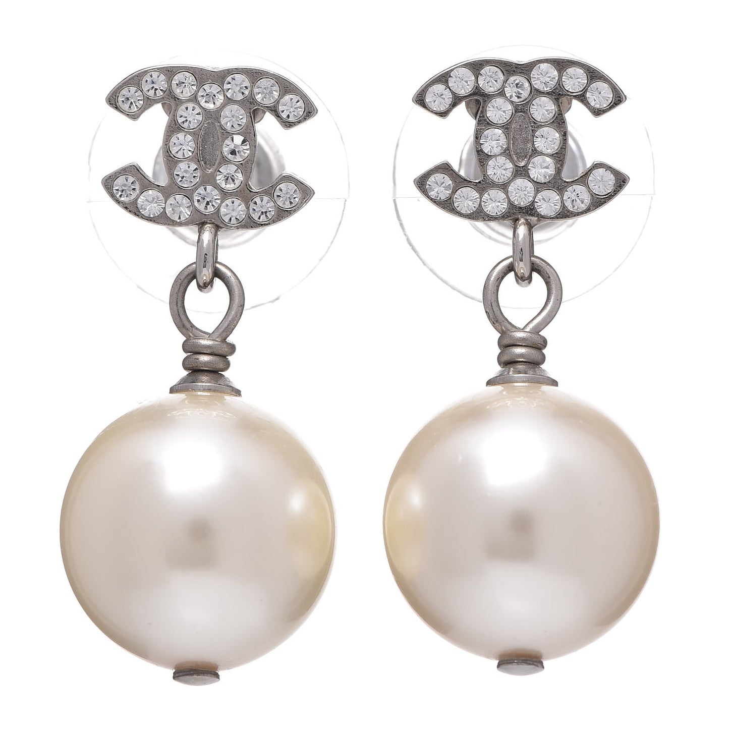 Crystal Pearl CC Drop Earrings Silver