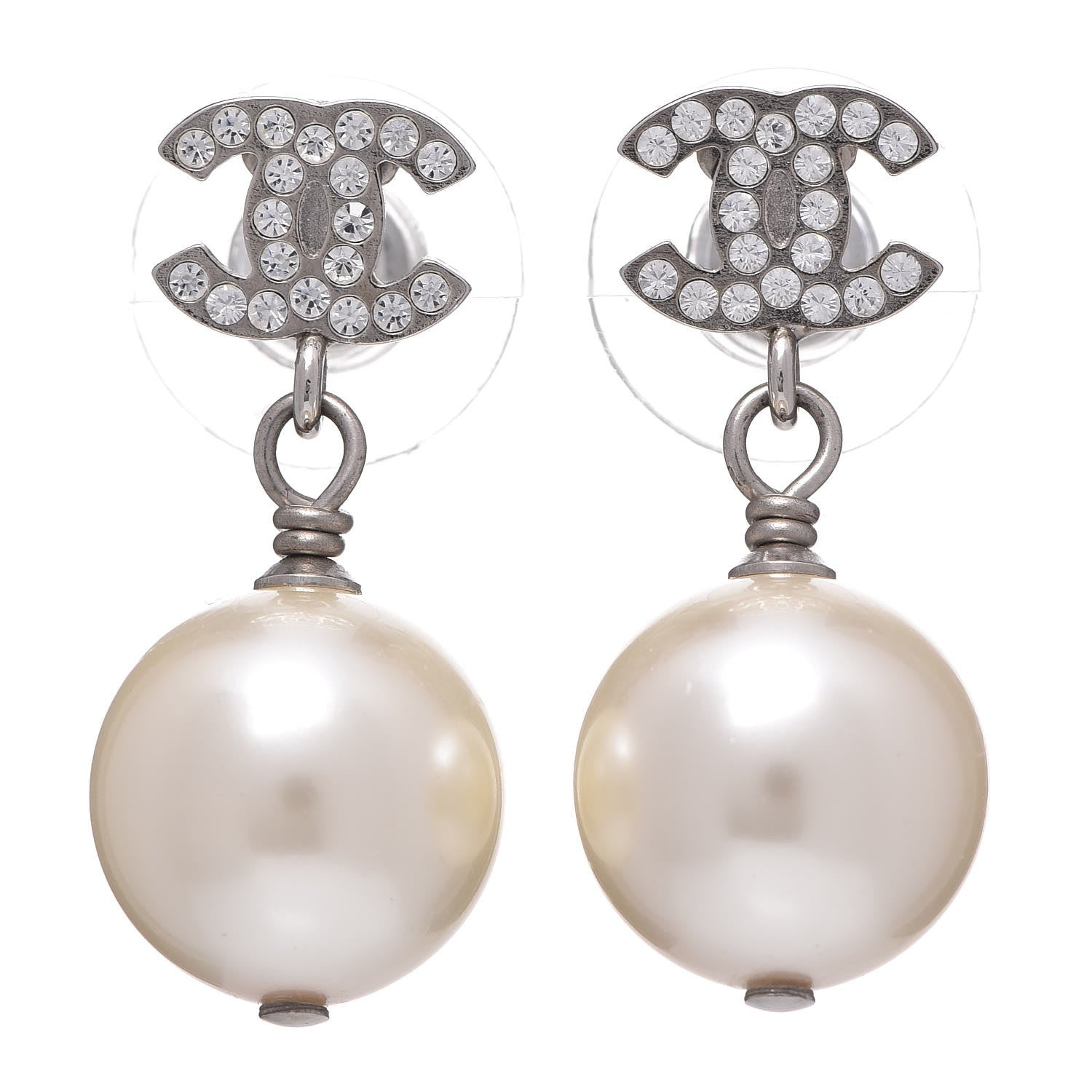 Chanel Crystal Pearl CC Drop Earrings Silver 1 of 4