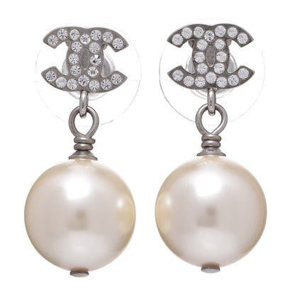 Chanel Crystal Pearl CC Drop Earrings Silver 1 of 4