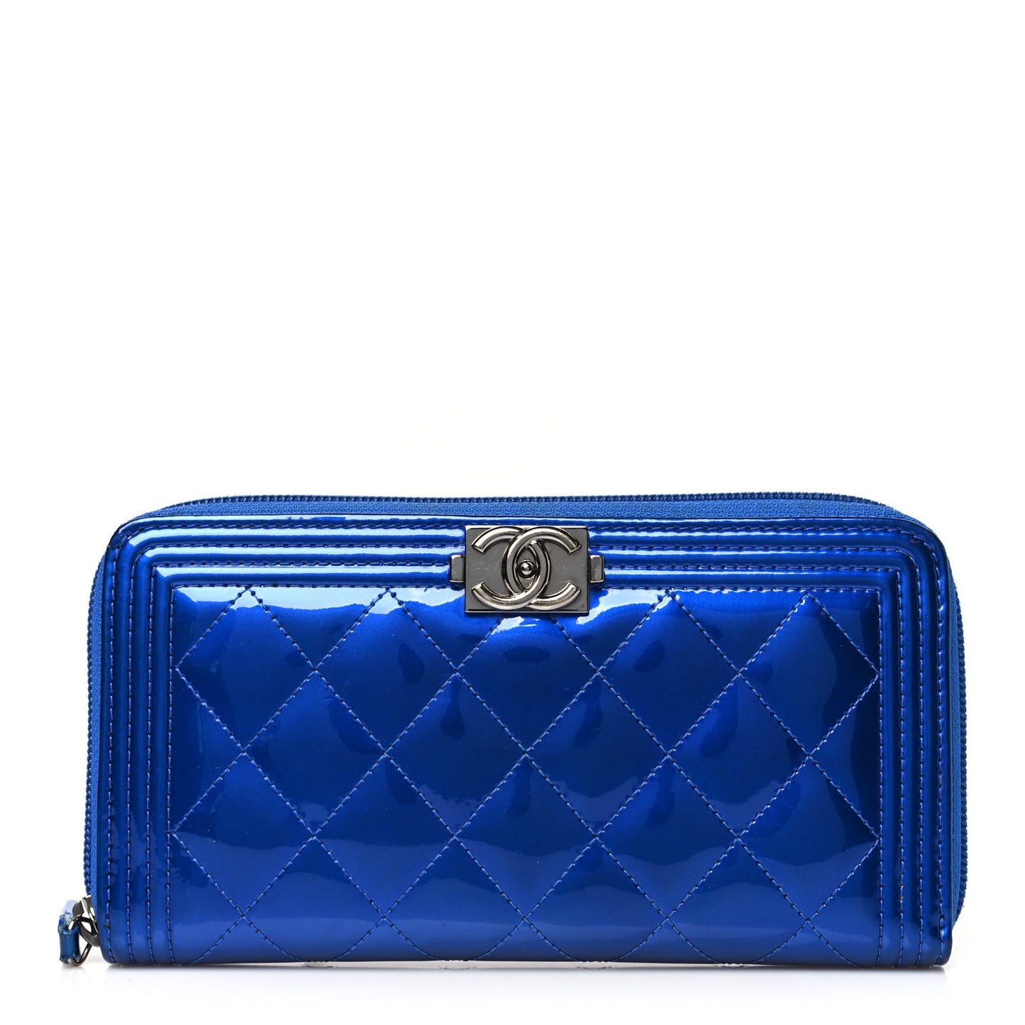 Metallic Patent Calfskin Quilted Boy L-Gusset Zip Wallet Blue