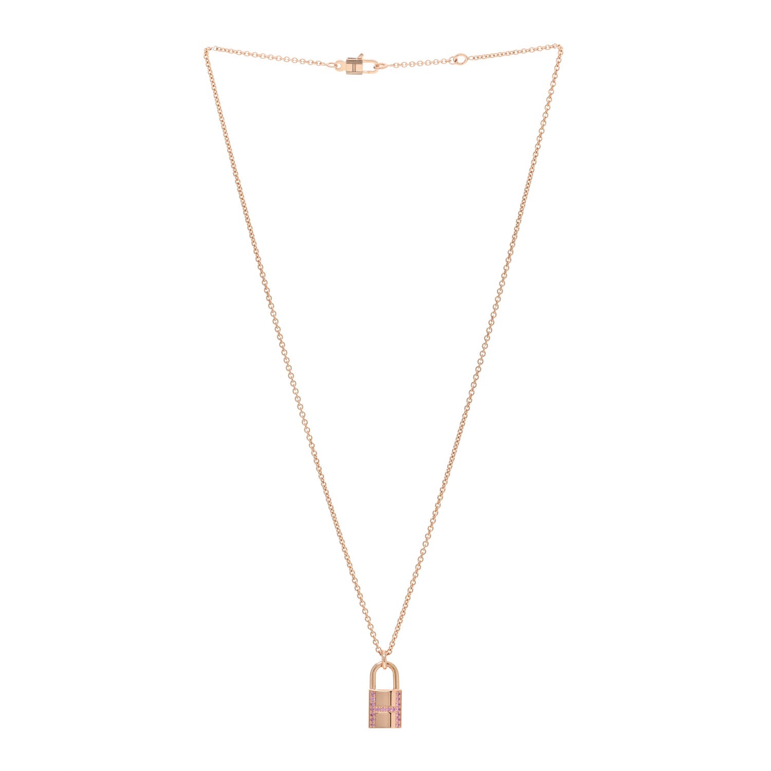 Hermes 18K Rose Gold Pink Sapphire Amulettes Cadenas Pendant Necklace 3 of 5