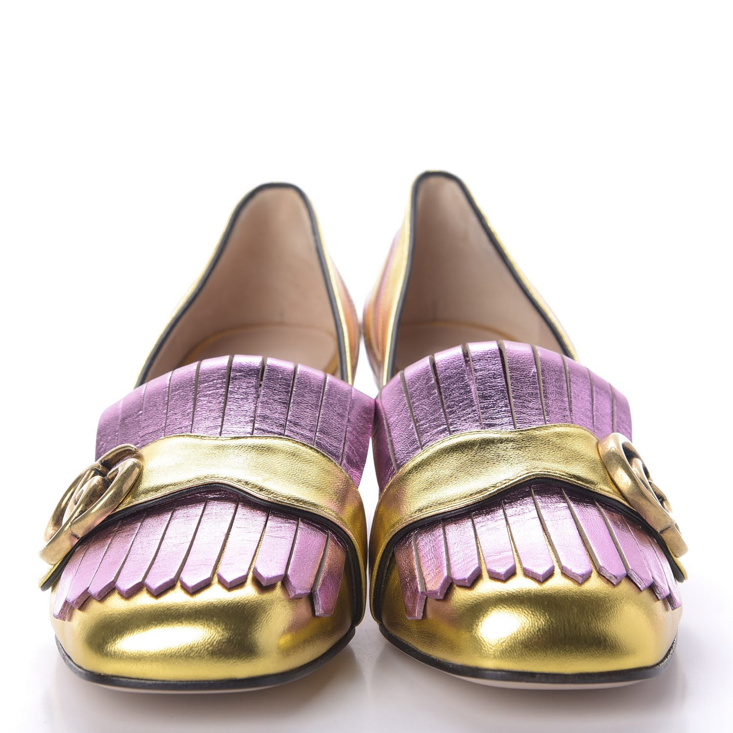 Metallic Nappa Inlay GG Marmont Fringe 50mm Loafer Pumps 36.5 Oro Vecchio Rosa