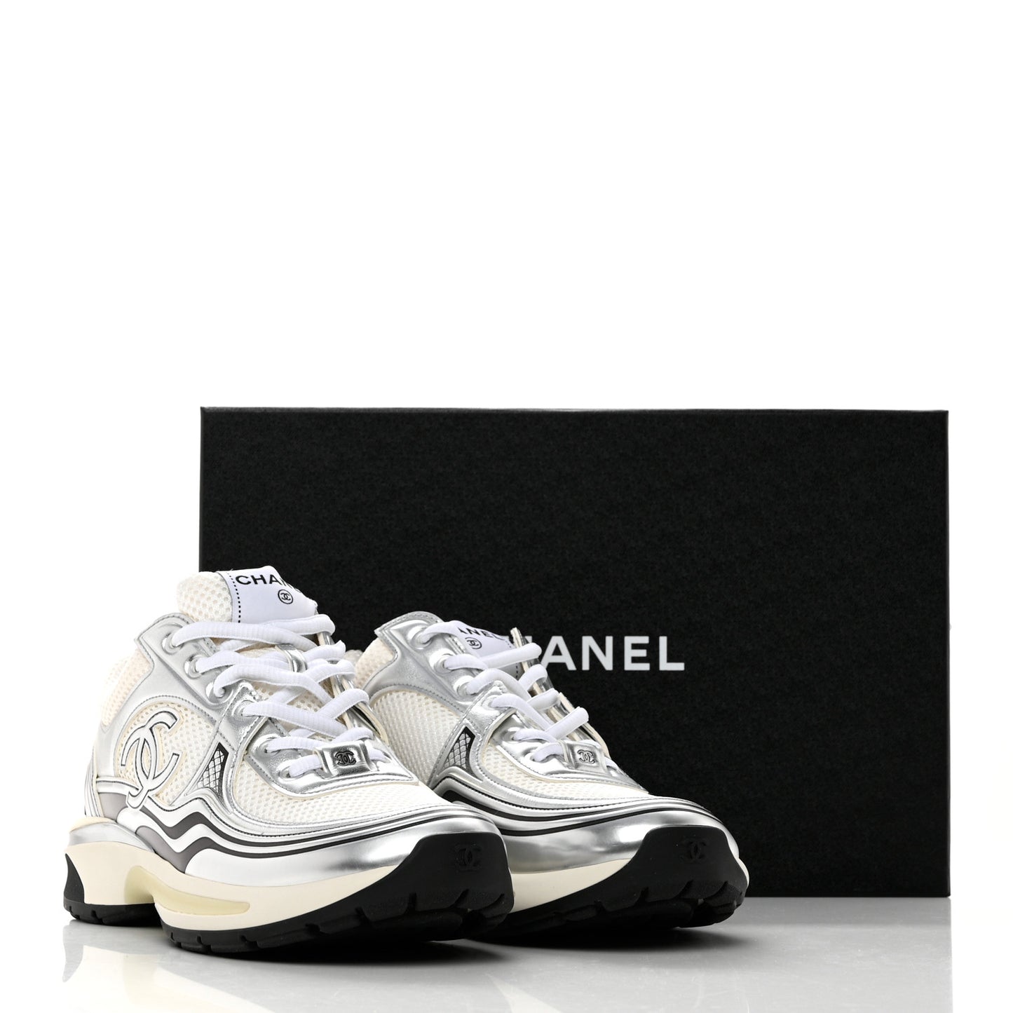 Fabric Laminated Calfskin Stretch CC Sneakers 39 White Silver