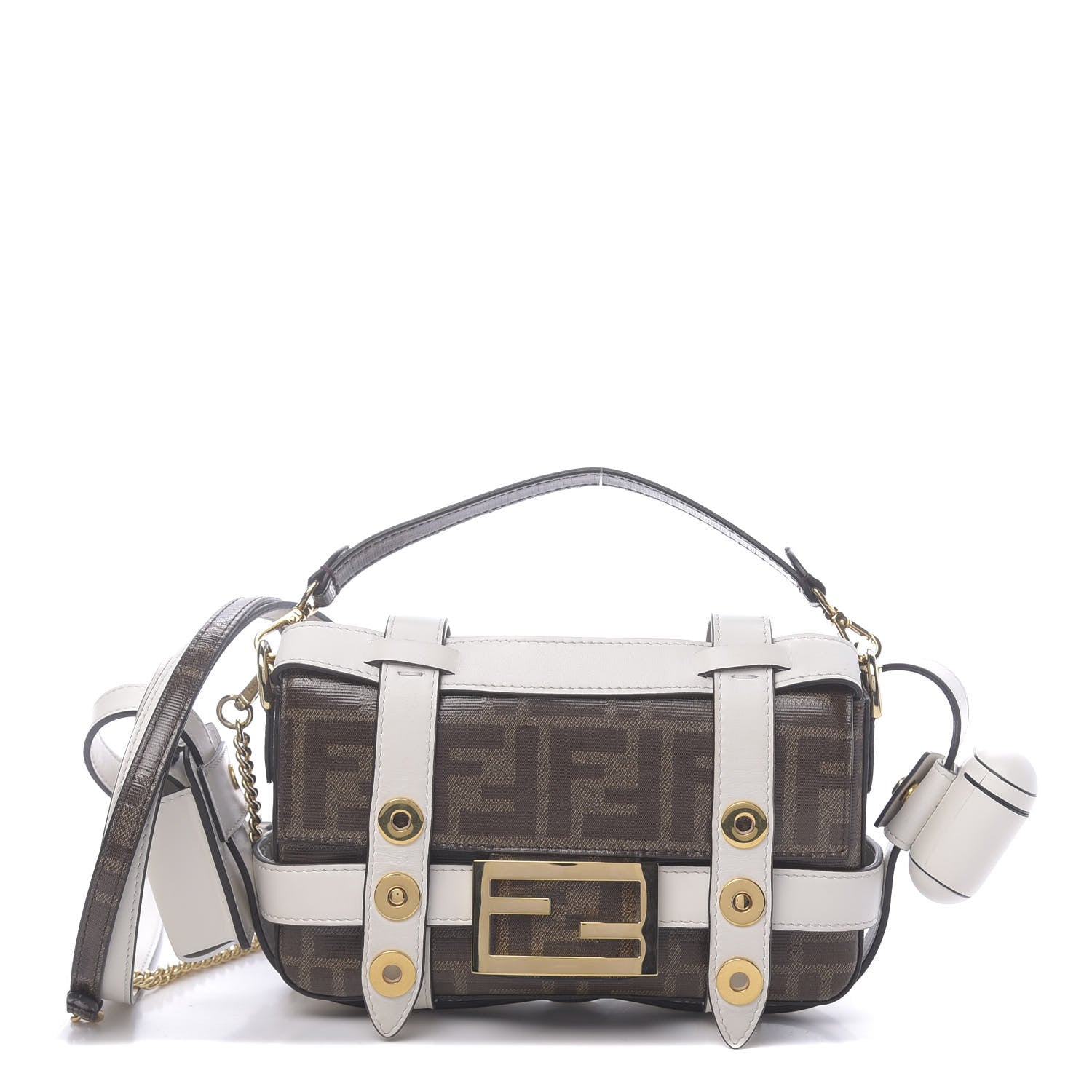 Fendi Glazed Fabric Vitello Century FF 1974 Mini Baguette Cage Mogano Panna White Ice 1 of 12