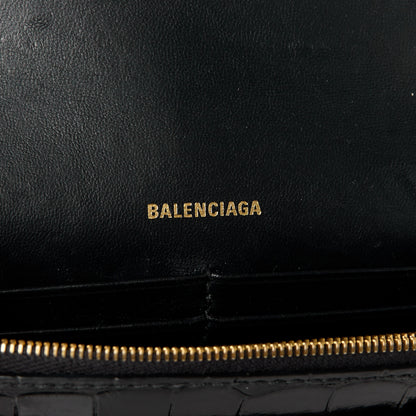 Balenciaga Shiny Calfskin Crocodile Embossed Hourglass Chain Bag Black 6 of 10