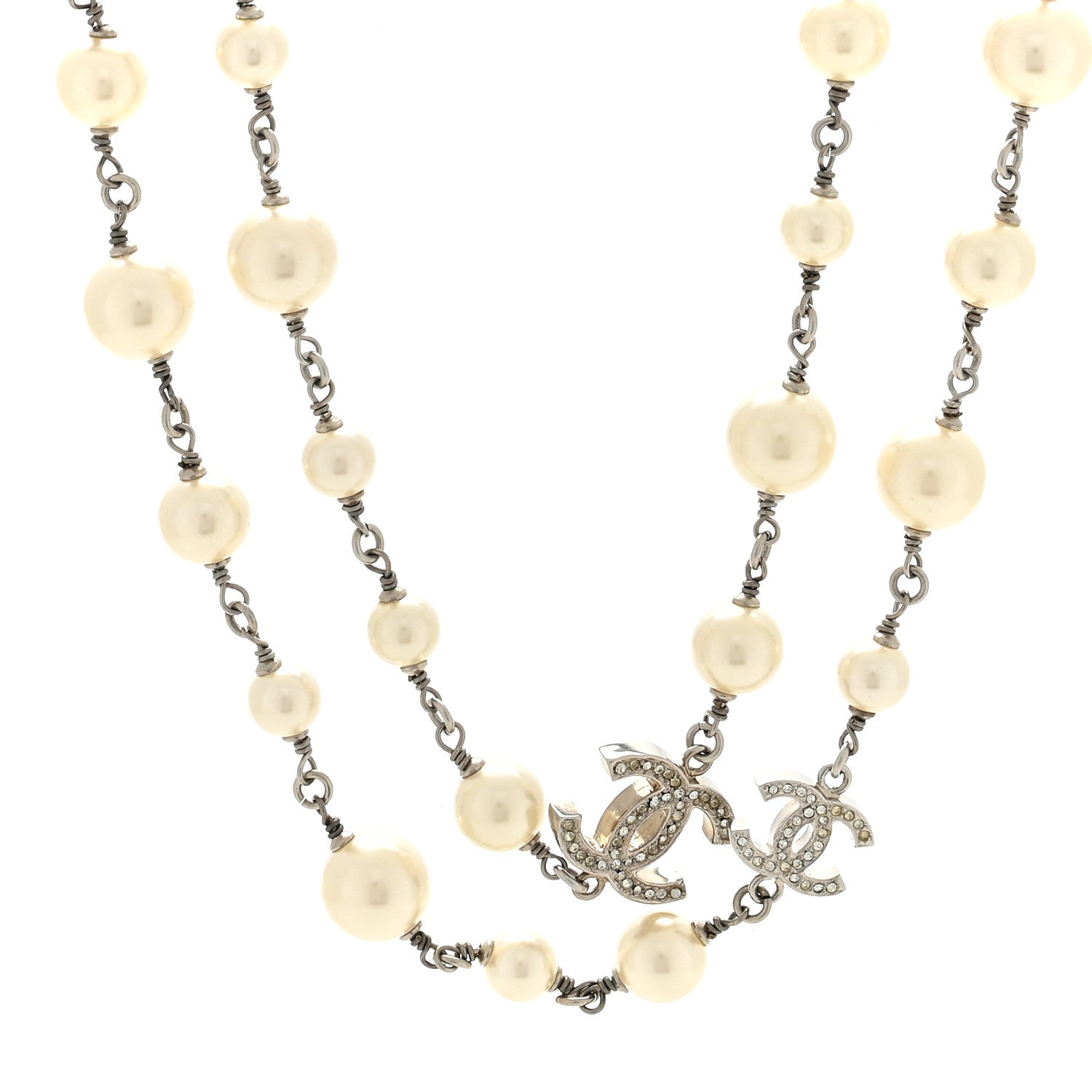 Chanel Graduated Pearl Crystal CC Long Necklace Silver 1 of 5