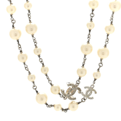 Chanel Graduated Pearl Crystal CC Long Necklace Silver 1 of 5