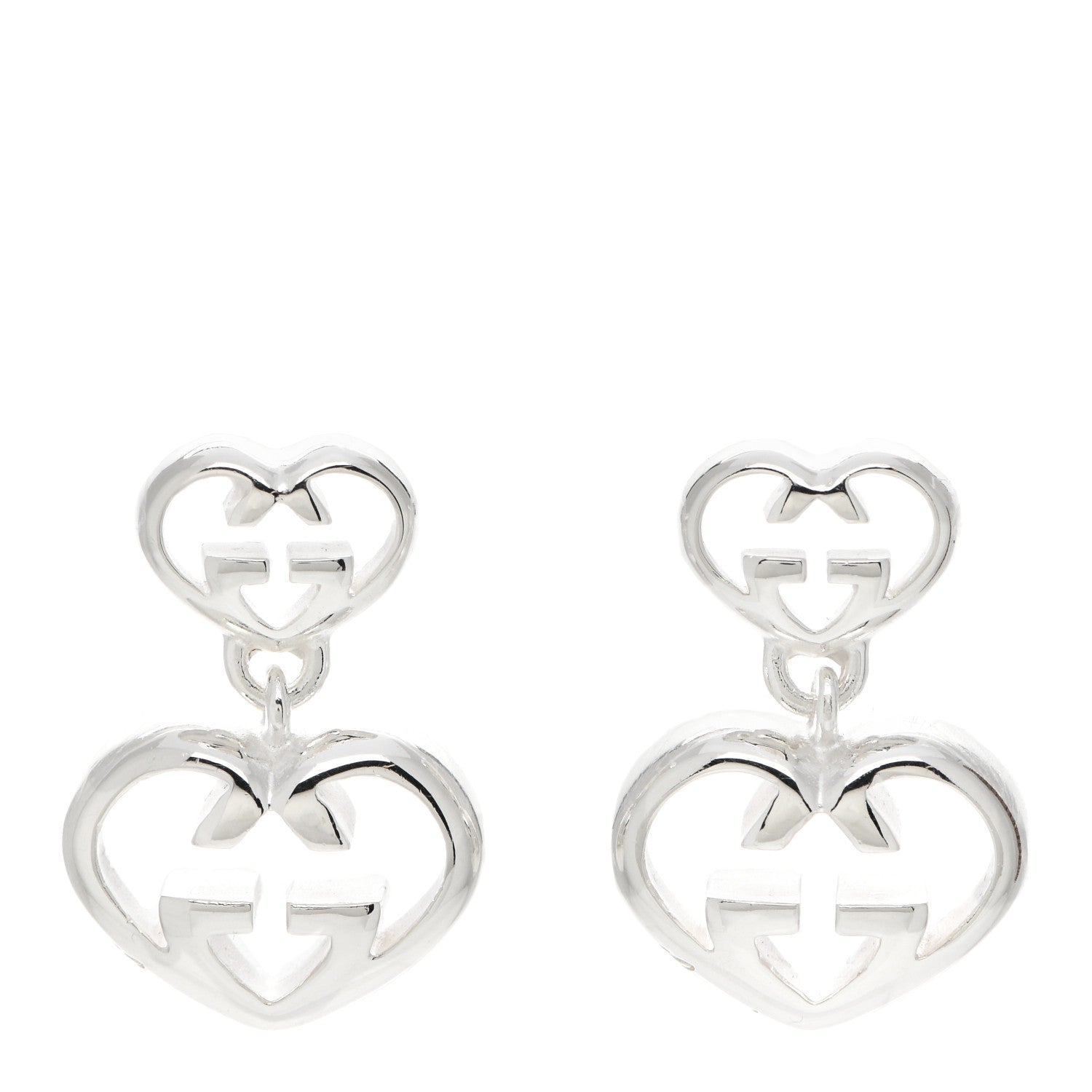 Gucci Sterling Silver Britt Double Heart Drop Earrings 1 of 4