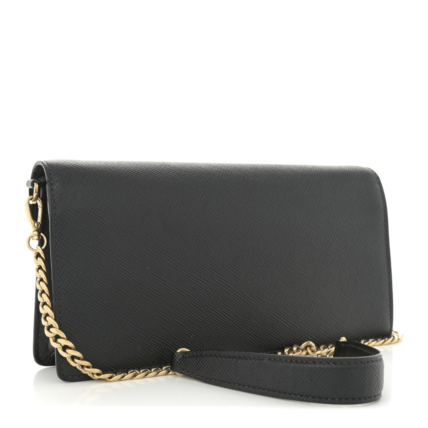 Saffiano Cuir Calfskin Monochrome Envelope Wallet on Chain Shoulder Bag Black