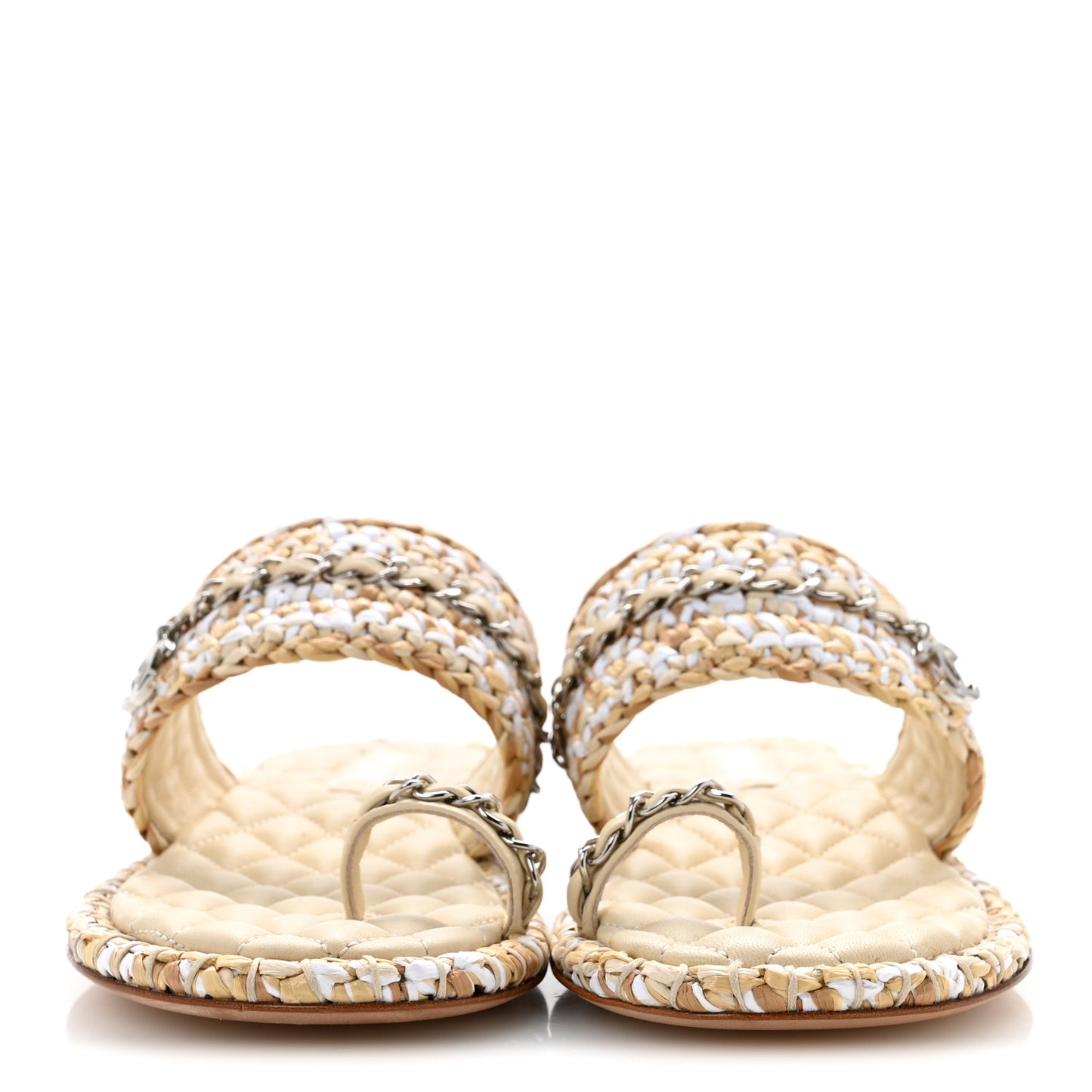 Raffia Lambskin Woven Chain CC Toe Ring Sandals 37 Beige White