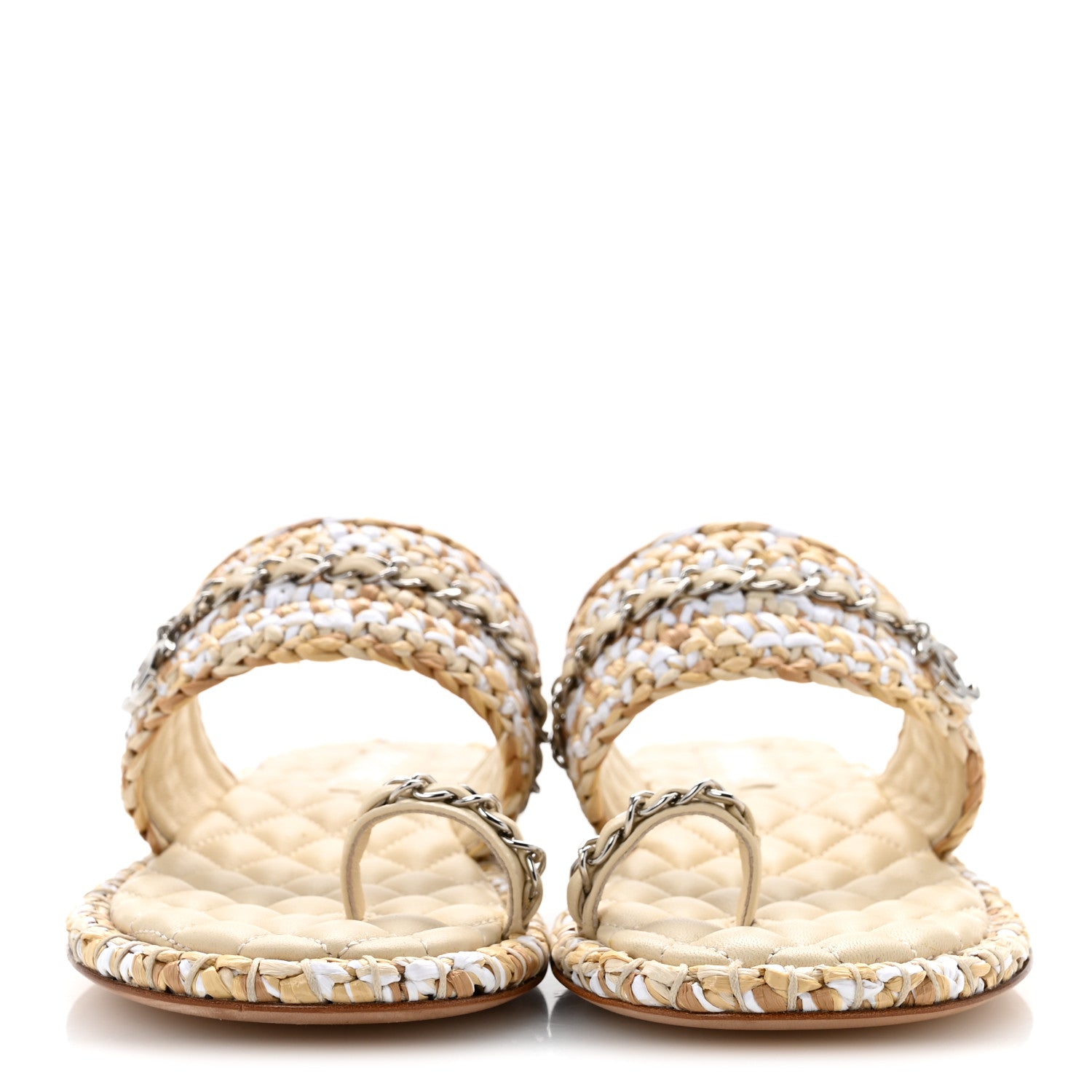 Chanel Raffia Lambskin Woven Chain CC Toe Ring Sandals 37 Beige White 3 of 11