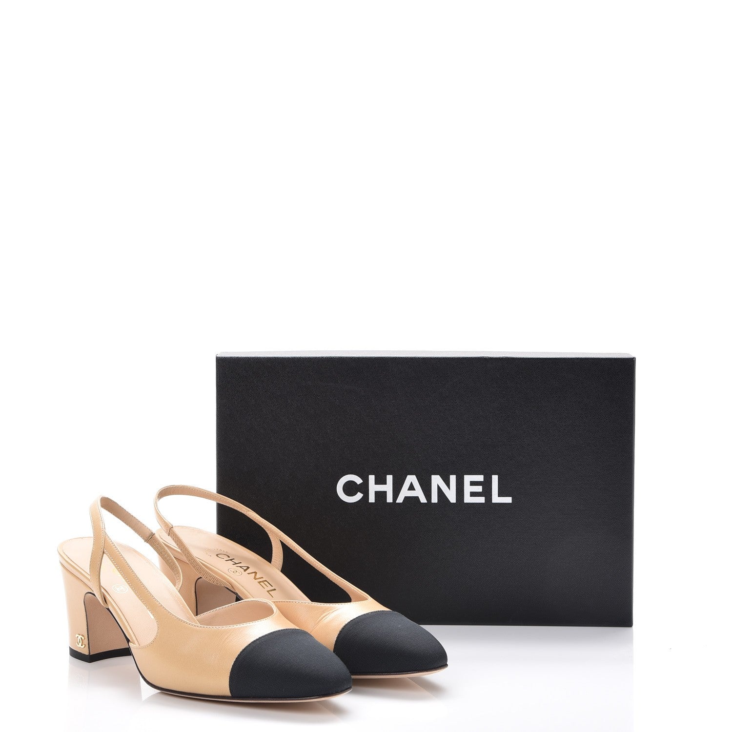 Chanel Lambskin Grosgrain Cap Toe CC Slingback Pumps 38.5 Beige Black 10 of 10
