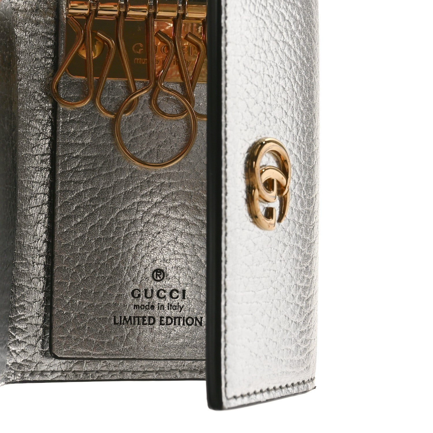 Gucci Metallic Calfskin GG Supreme Monogram GG Marmont 6 Key Holder Case Silver Beige Ebony 5 of 9