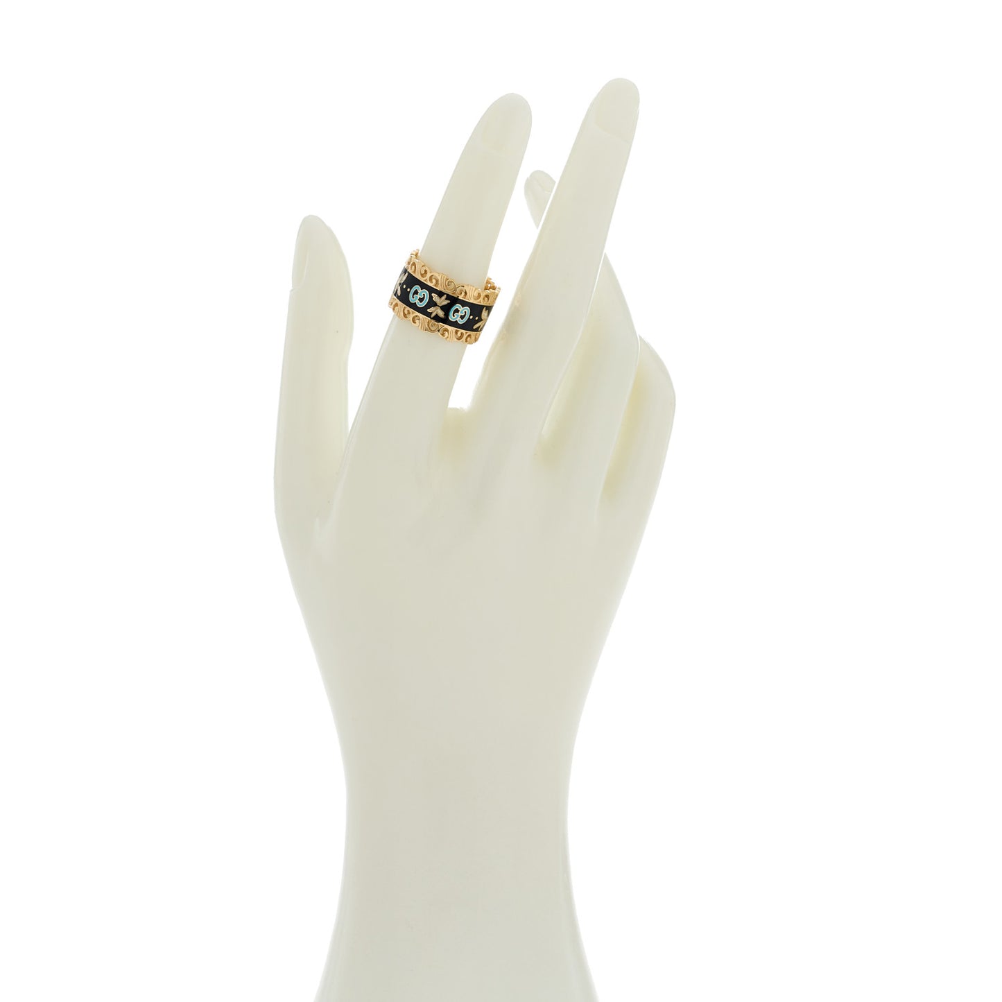 18K Yellow Gold Enamel Wide Icon Blooms Ring 52 6 Black