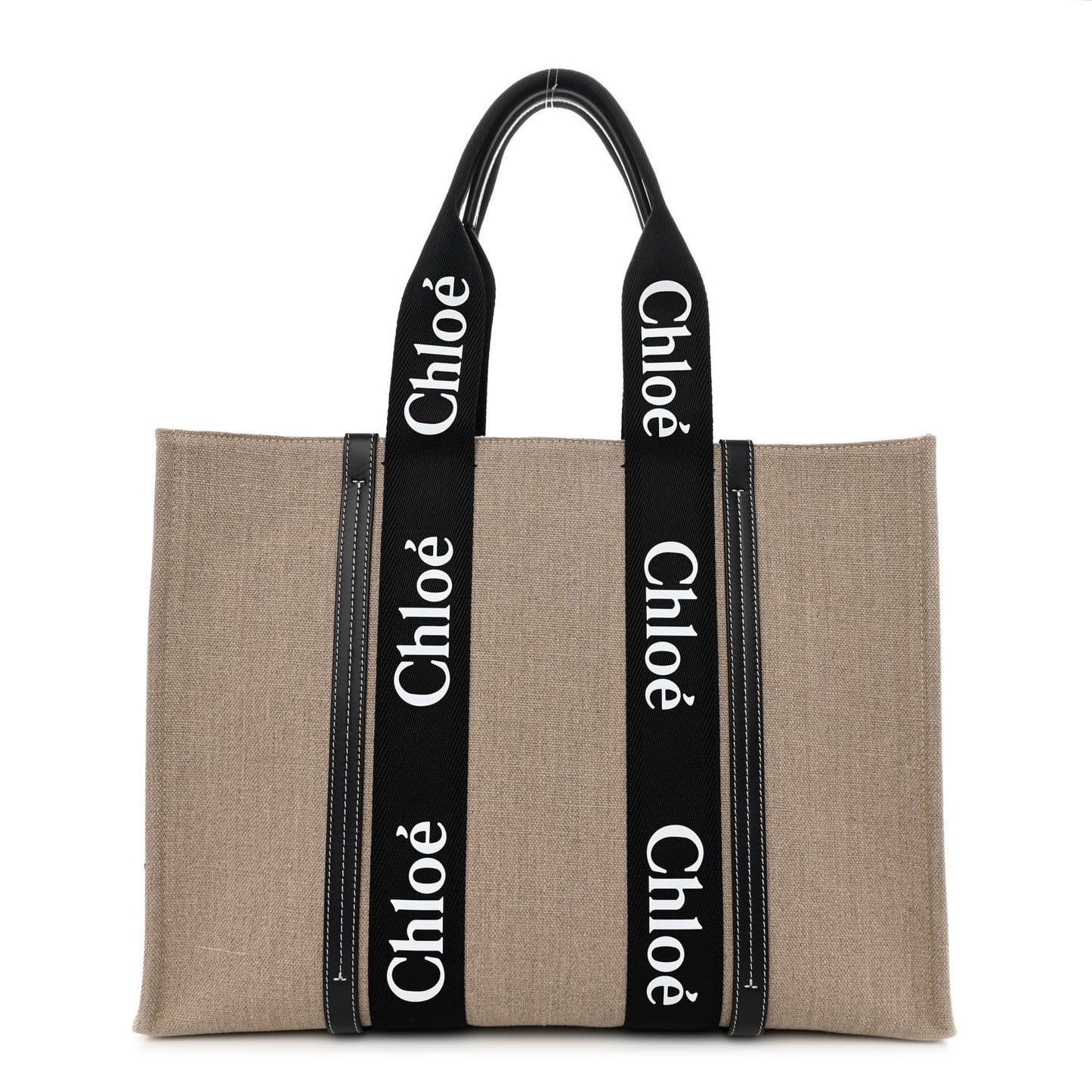 Linen Calfskin Large Woody Ribbon Tote Black Blue