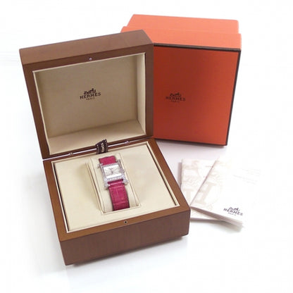 Hermes Stainless Steel Alligator Diamond Bezel Mother of Pearl 21mm Heure H Hour Quartz Watch Framboise 4 of 9