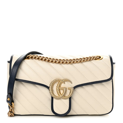 Gucci Vintage Effect Calfskin Matelasse Diagonal Small Torchon GG Marmont Shoulder Bag Mystic White Blue Agata 1 of 11