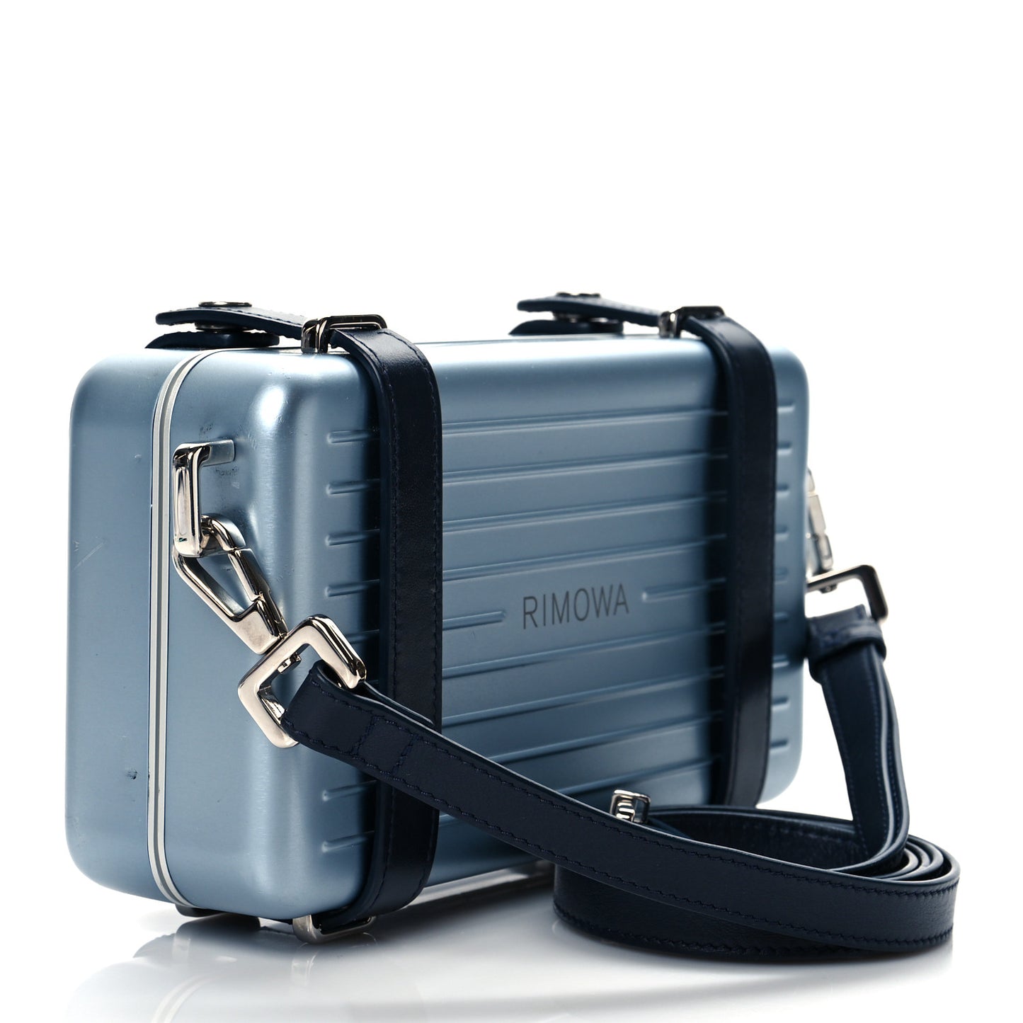 X RIMOWA Aluminum Personal Clutch On Strap Bleu