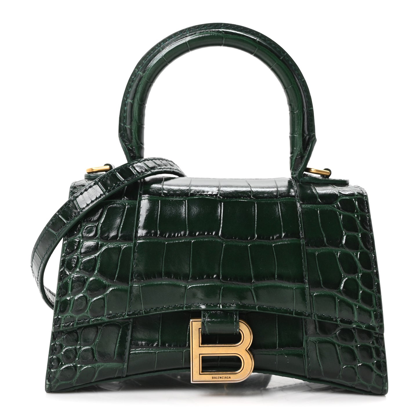 Shiny Calfskin Crocodile Embossed Hourglass Top Handle Bag XS Forest Green