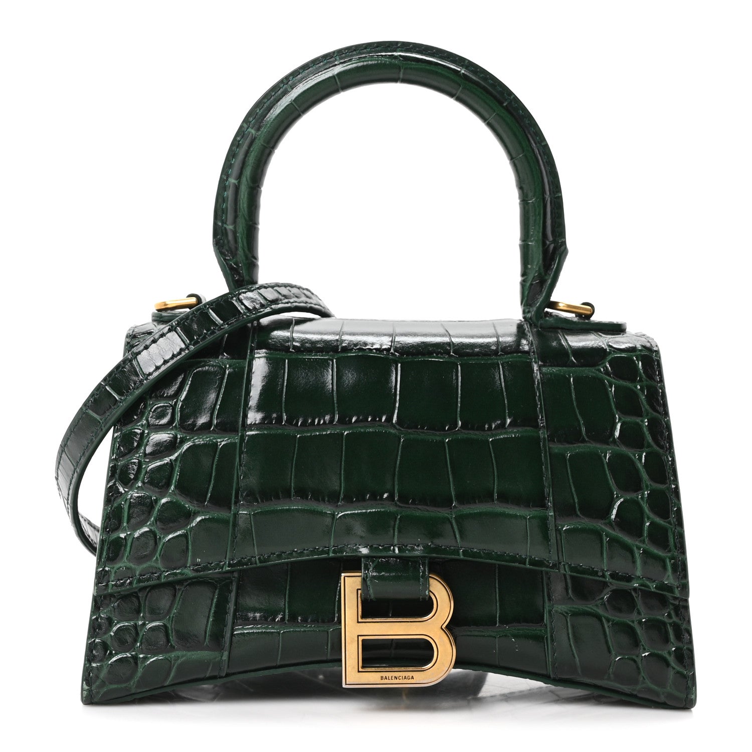 Balenciaga Shiny Calfskin Crocodile Embossed Hourglass Top Handle Bag XS Forest Green 1 of 9
