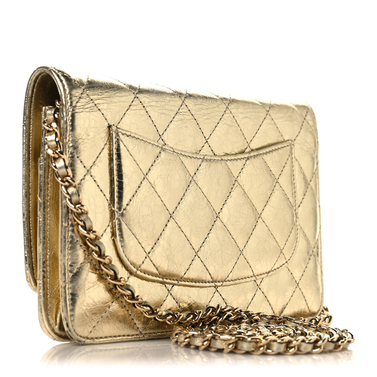 Metallic Aged Calfskin Quilted Reissue Wallet On Chain WOC Gold