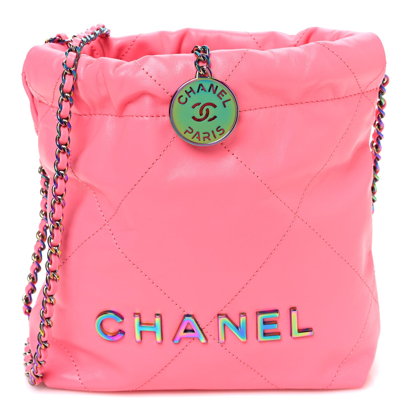 Shiny Calfskin Quilted Rainbow Metal Mini Chanel 22 Coral Pink