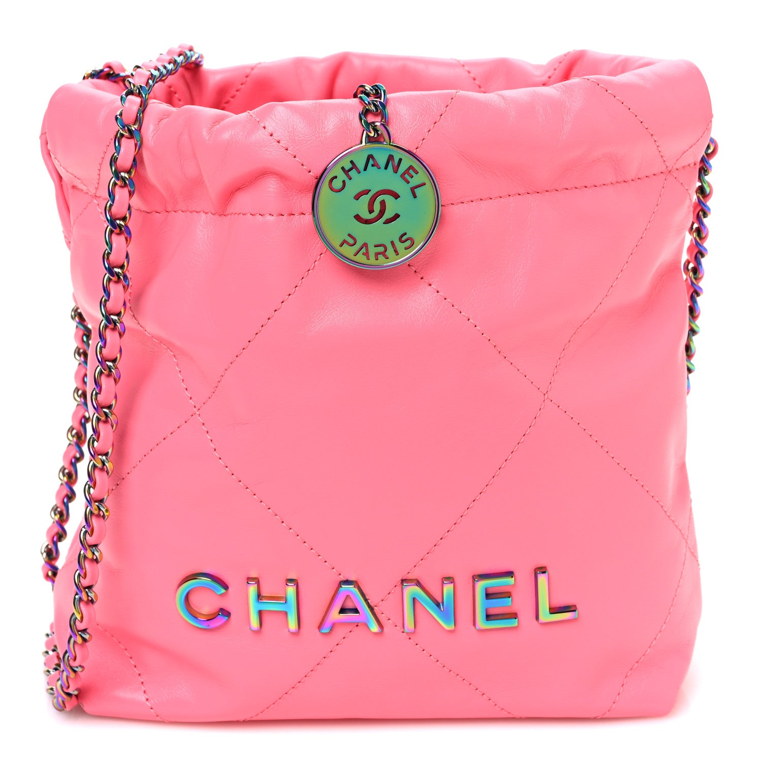 Chanel Shiny Calfskin Quilted Rainbow Metal Mini Chanel 22 Coral Pink 1 of 11
