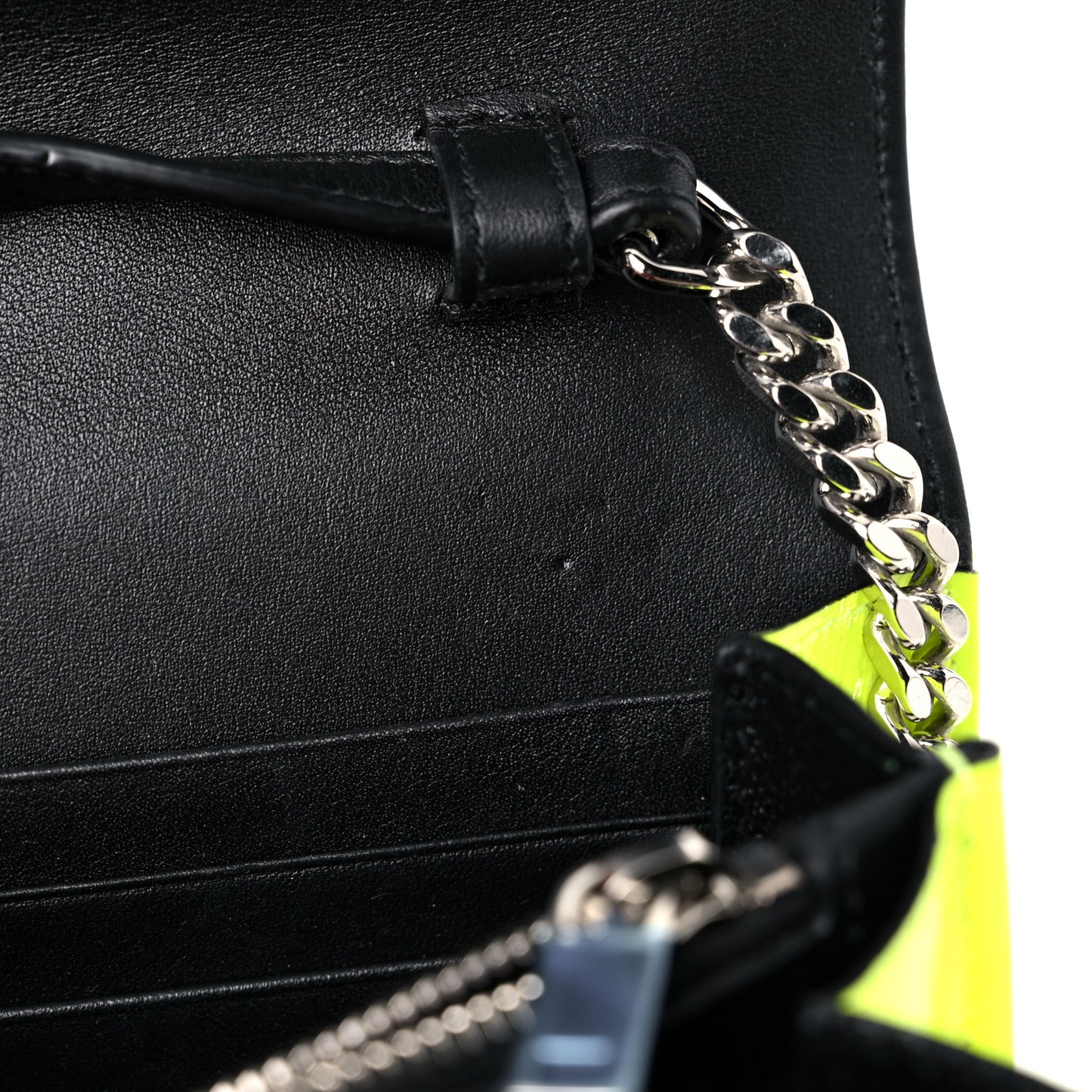 Patent Grain De Poudre Matelasse Chevron Monogram Chain Wallet Neon Yellow