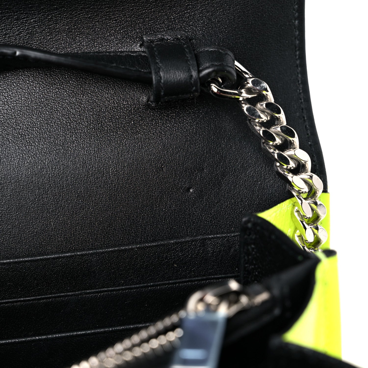 Saint Laurent Patent Grain De Poudre Matelasse Chevron Monogram Chain Wallet Neon Yellow 12 of 15
