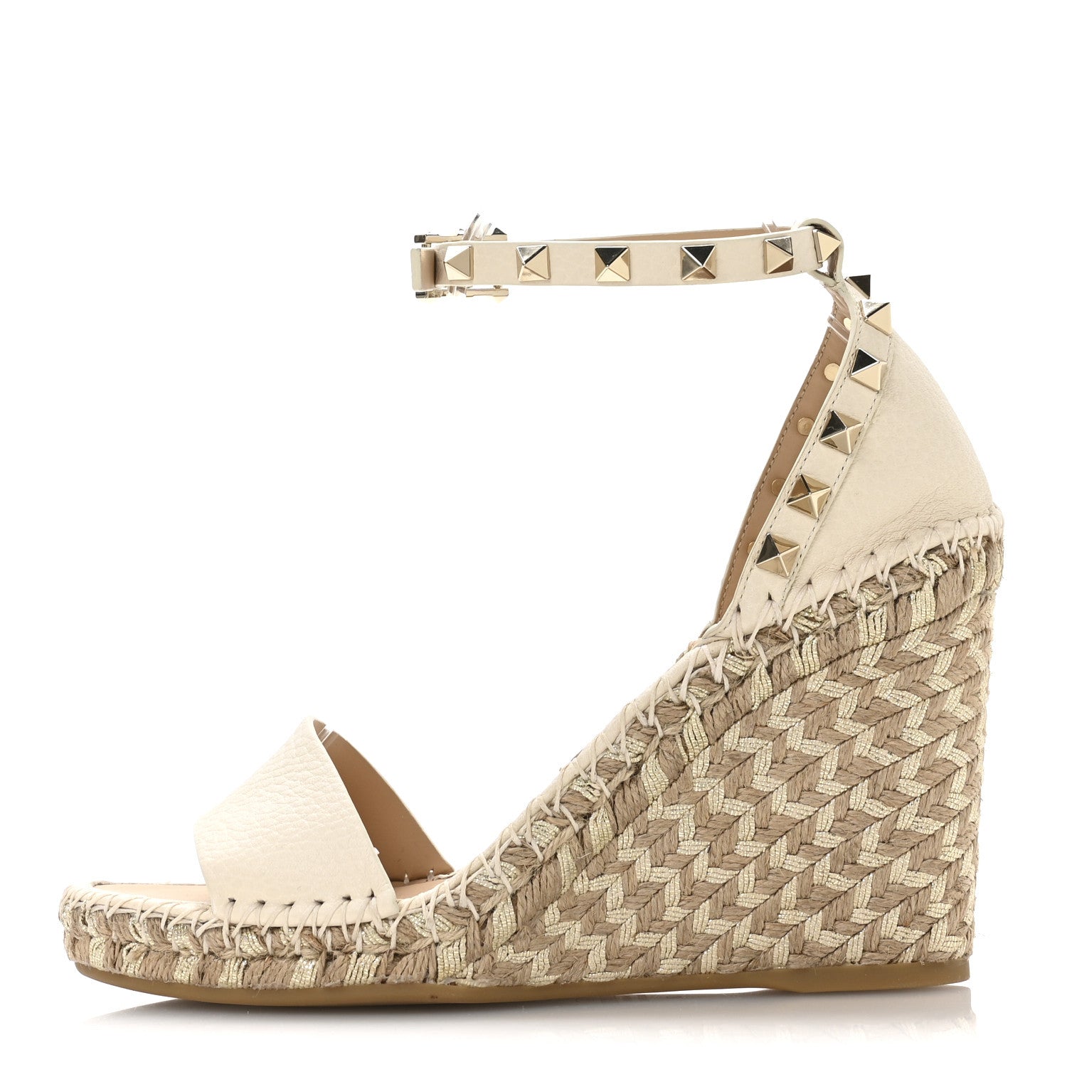 Valentino Garavani Grained Calfskin Rockstud Ankle Strap Espadrille 15/105mm Wedge Sandals 38 Light Ivory Natural 1 of 8