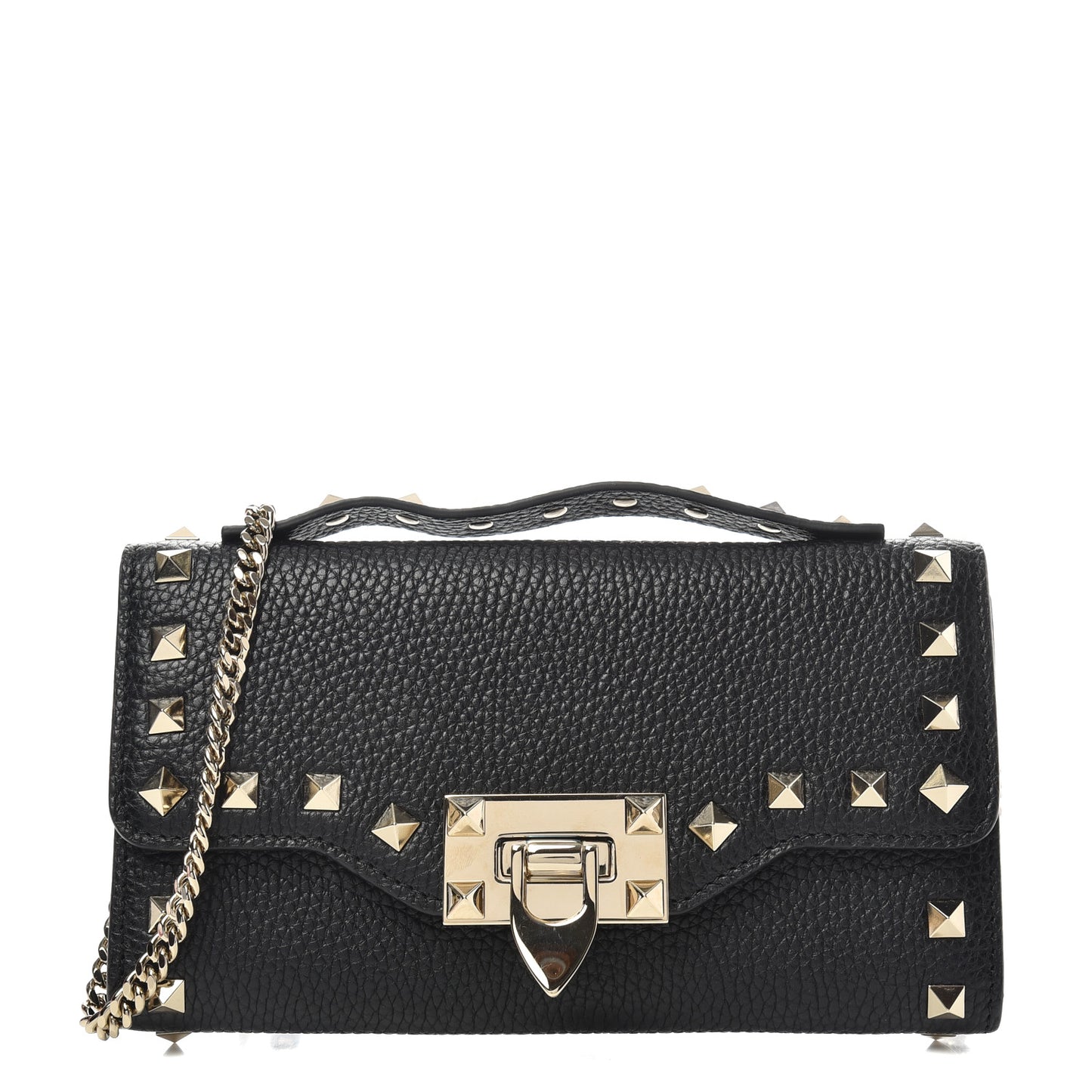 Pebbled Calfskin Rockstud Flip Lock Wallet On Chain Black